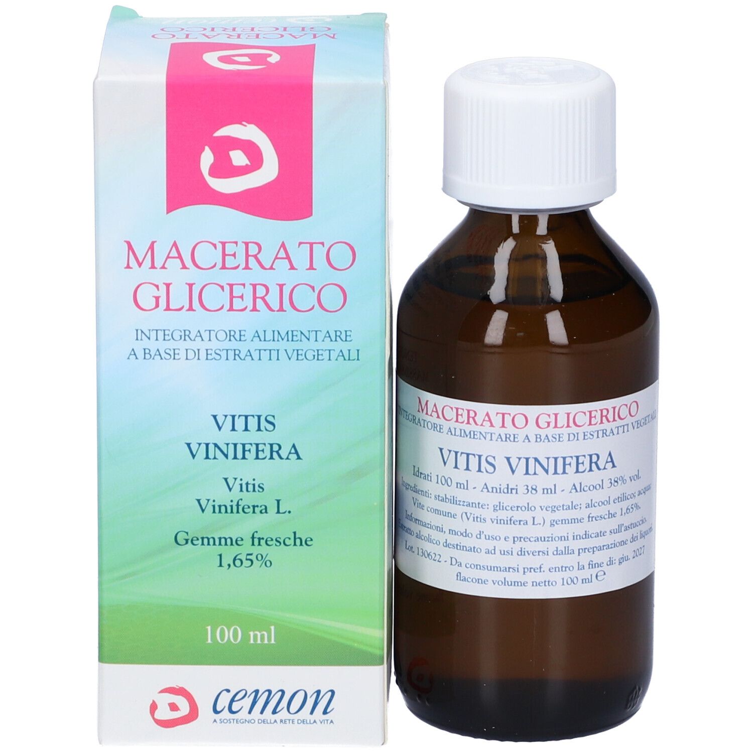 Flacone di vetro marrone con tappo bianco e confezione. Scritte: Vitis Vinifera, cemon.