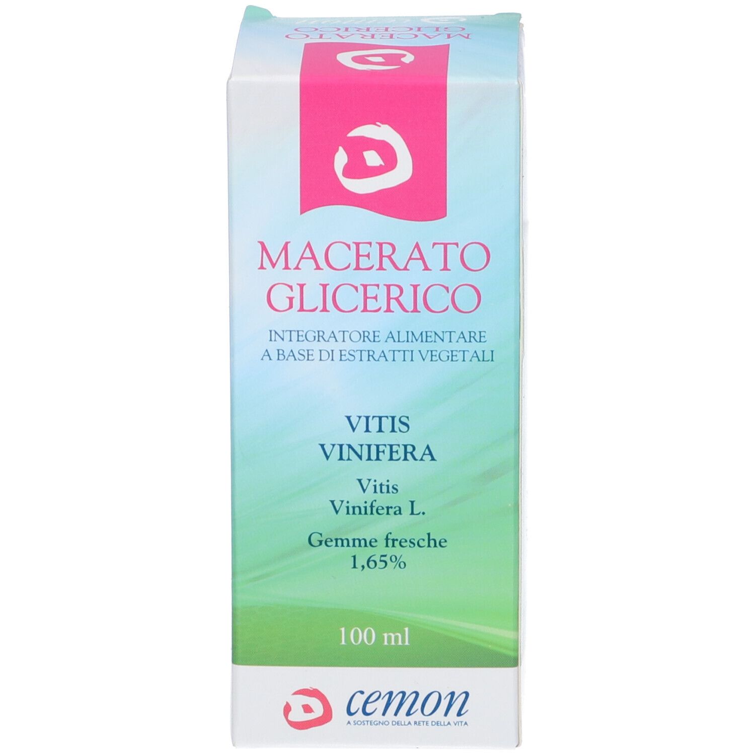 Confezione con scritte: Macerato Glicerico, Vitis Vinifera, cemon.