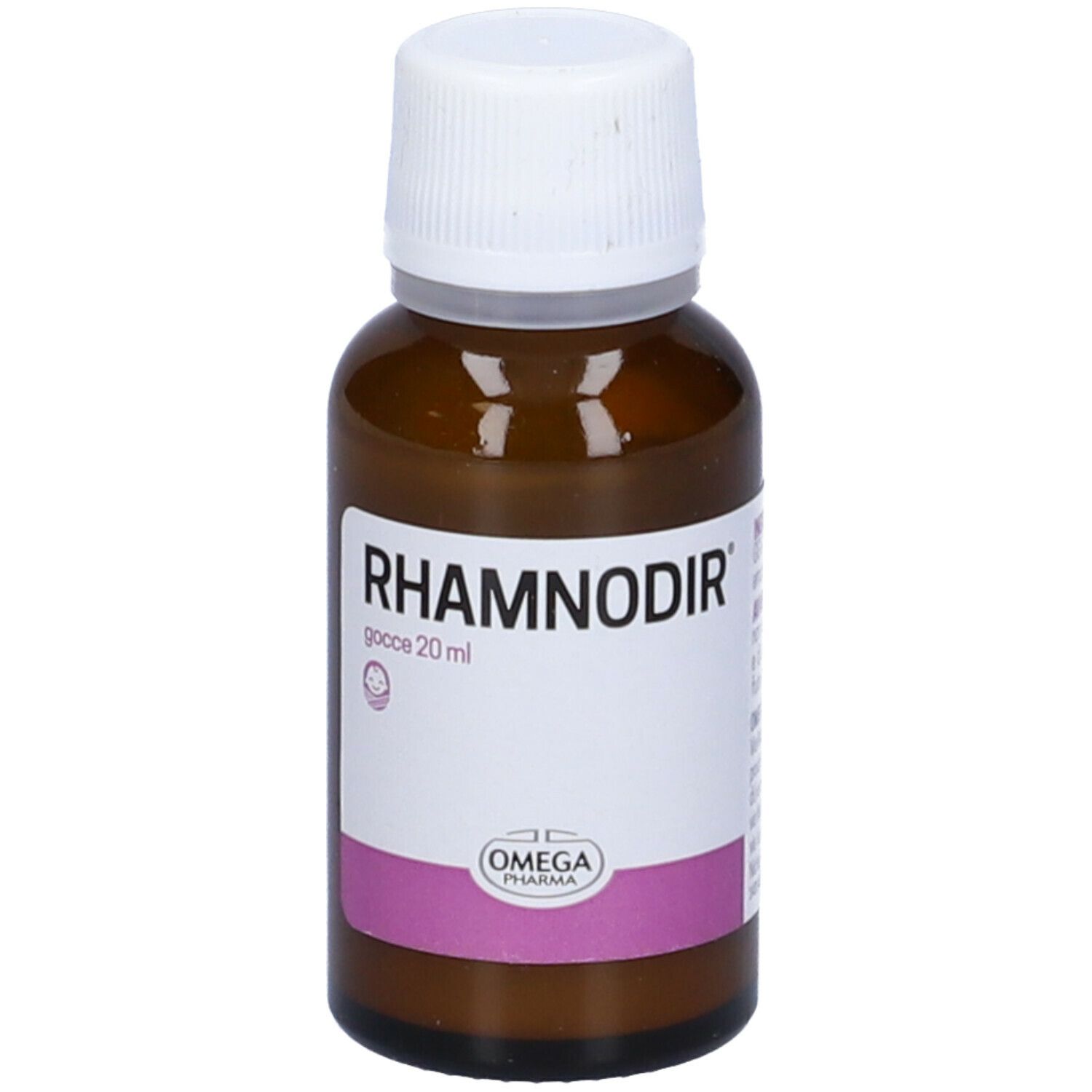 Flacone di vetro marrone con tappo bianco. Etichetta con nome del prodotto e logo. 20 ml.