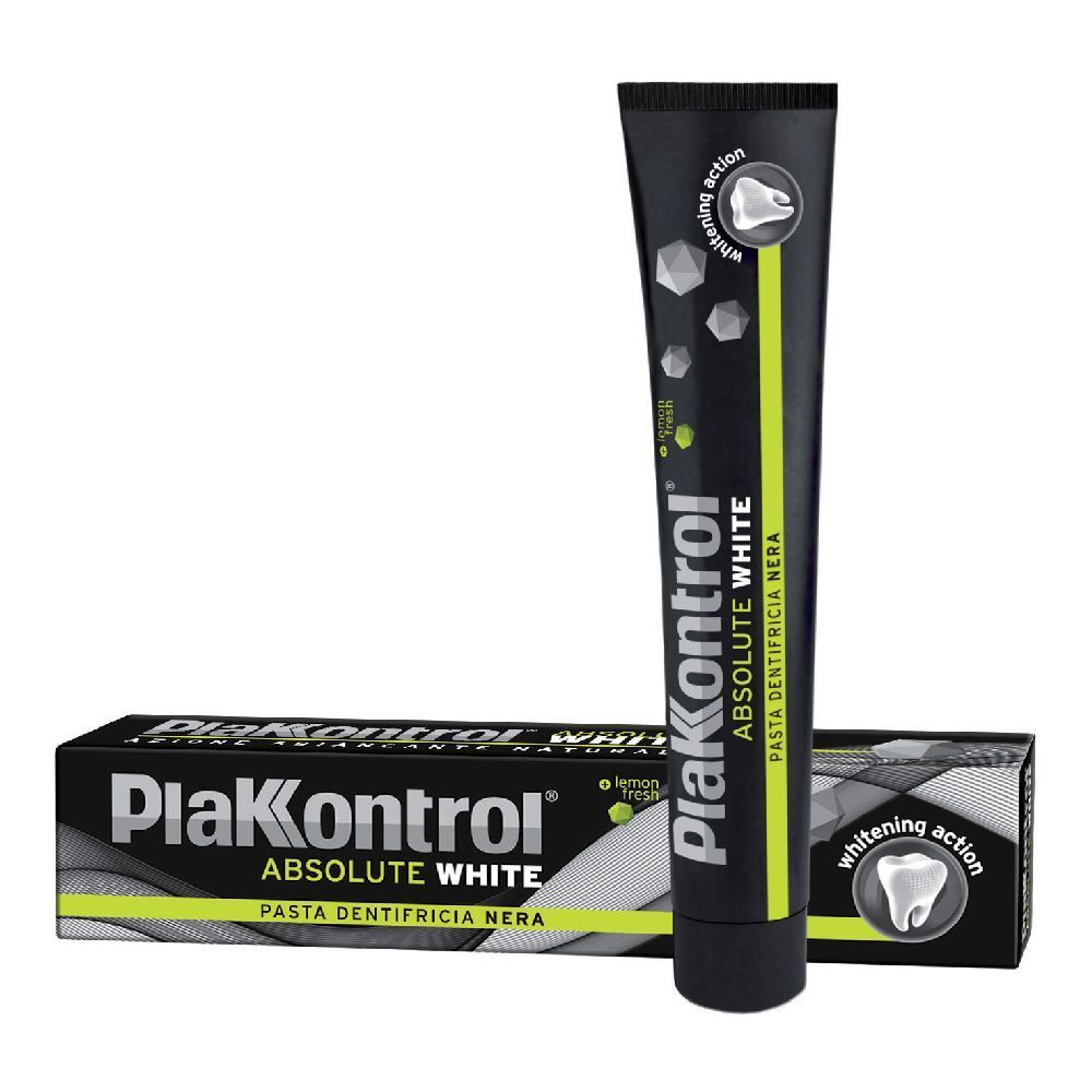 Tubo e scatola di dentifricio. Tubo nero con dettagli gialli. Scritta: PlakKontrol Absolute White.