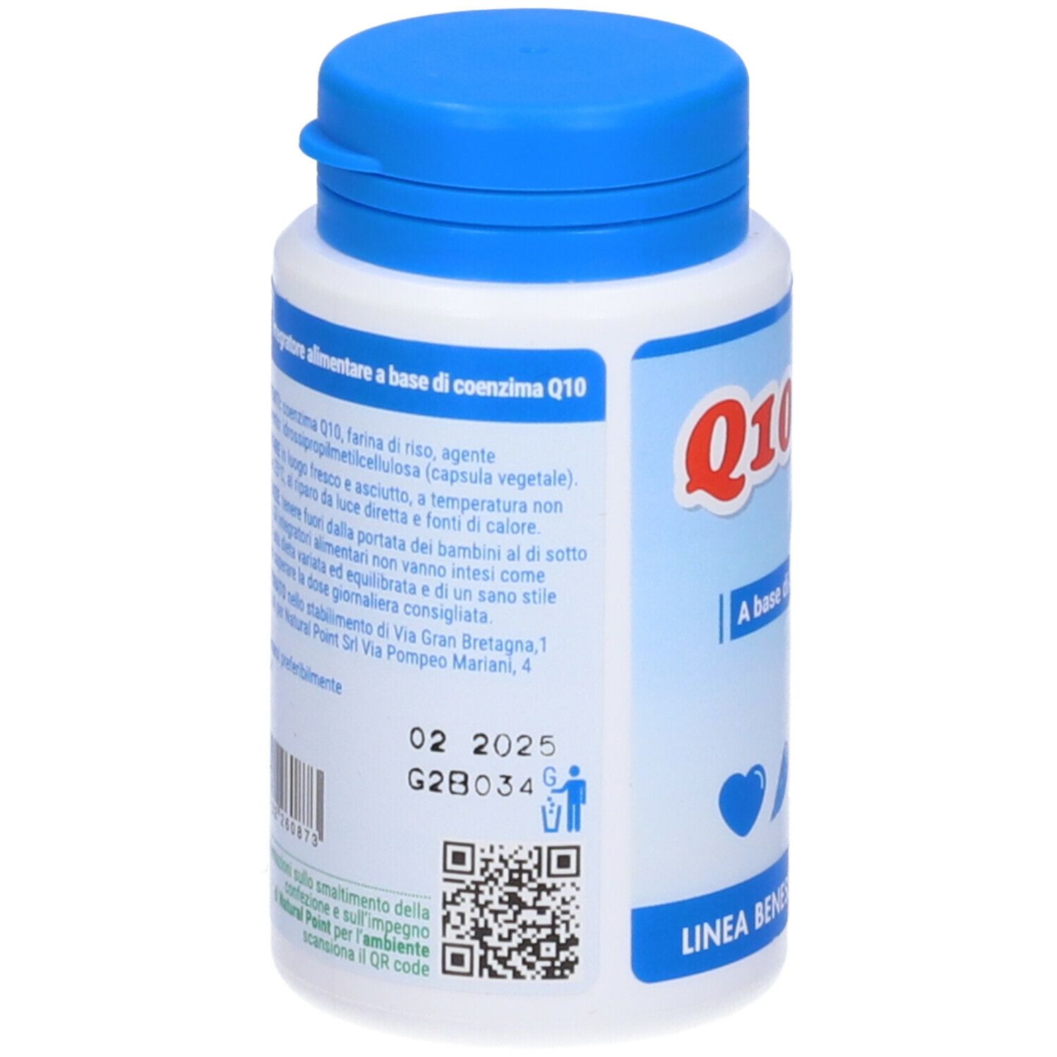 Retro del flacone. Testo sugli ingredienti e l'uso. Codice QR e data di scadenza 02 2025.