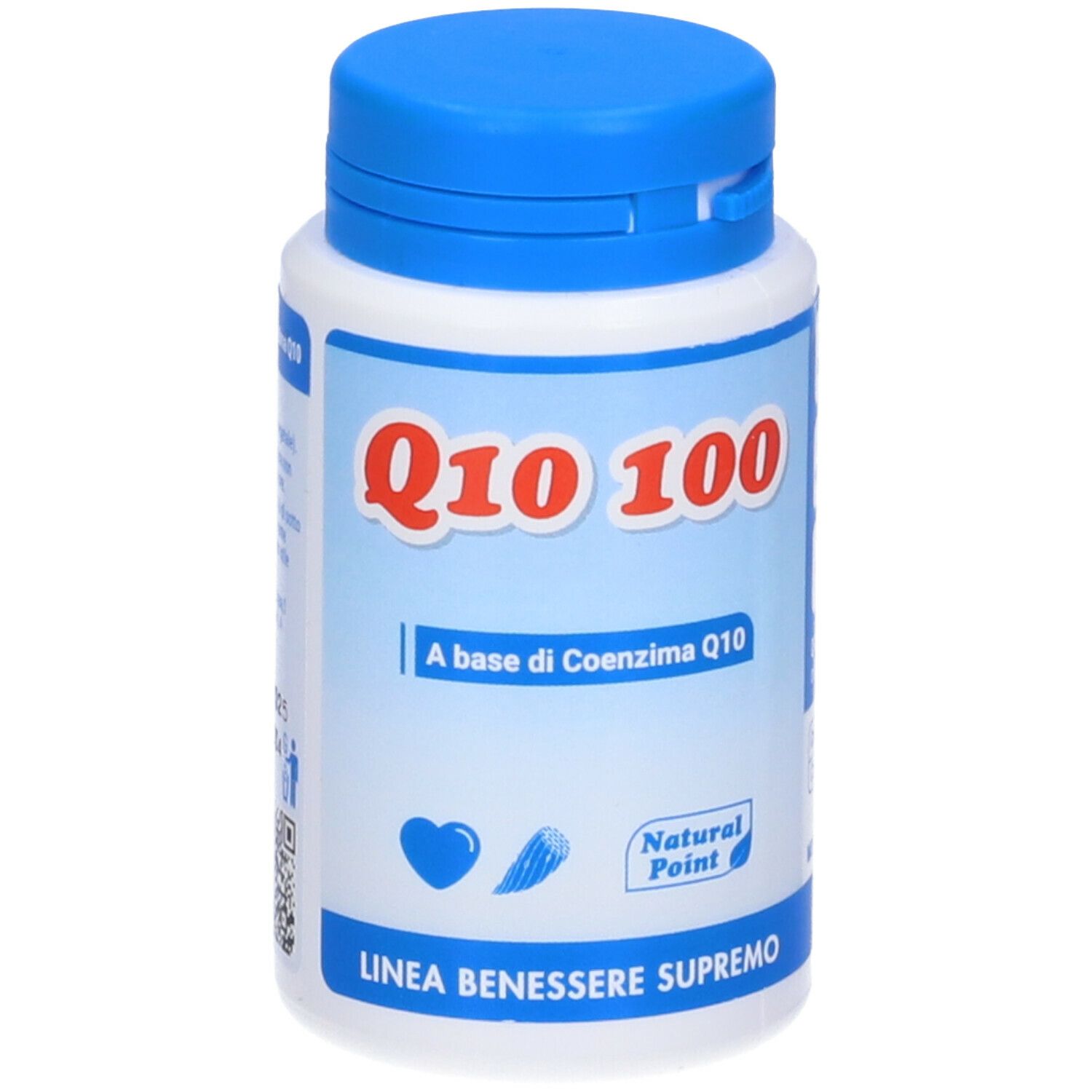 Flacone bianco con tappo blu. Scritta Q10 100. Testo: A base di Coenzima Q10. Logo Natural Point.