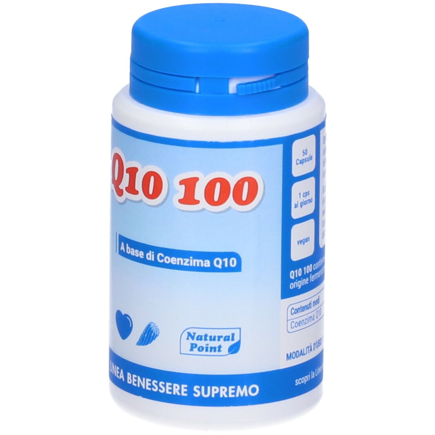 Flacone bianco con tappo blu. Scritta Q10 100. Testo: A base di Coenzima Q10. 50 capsule.