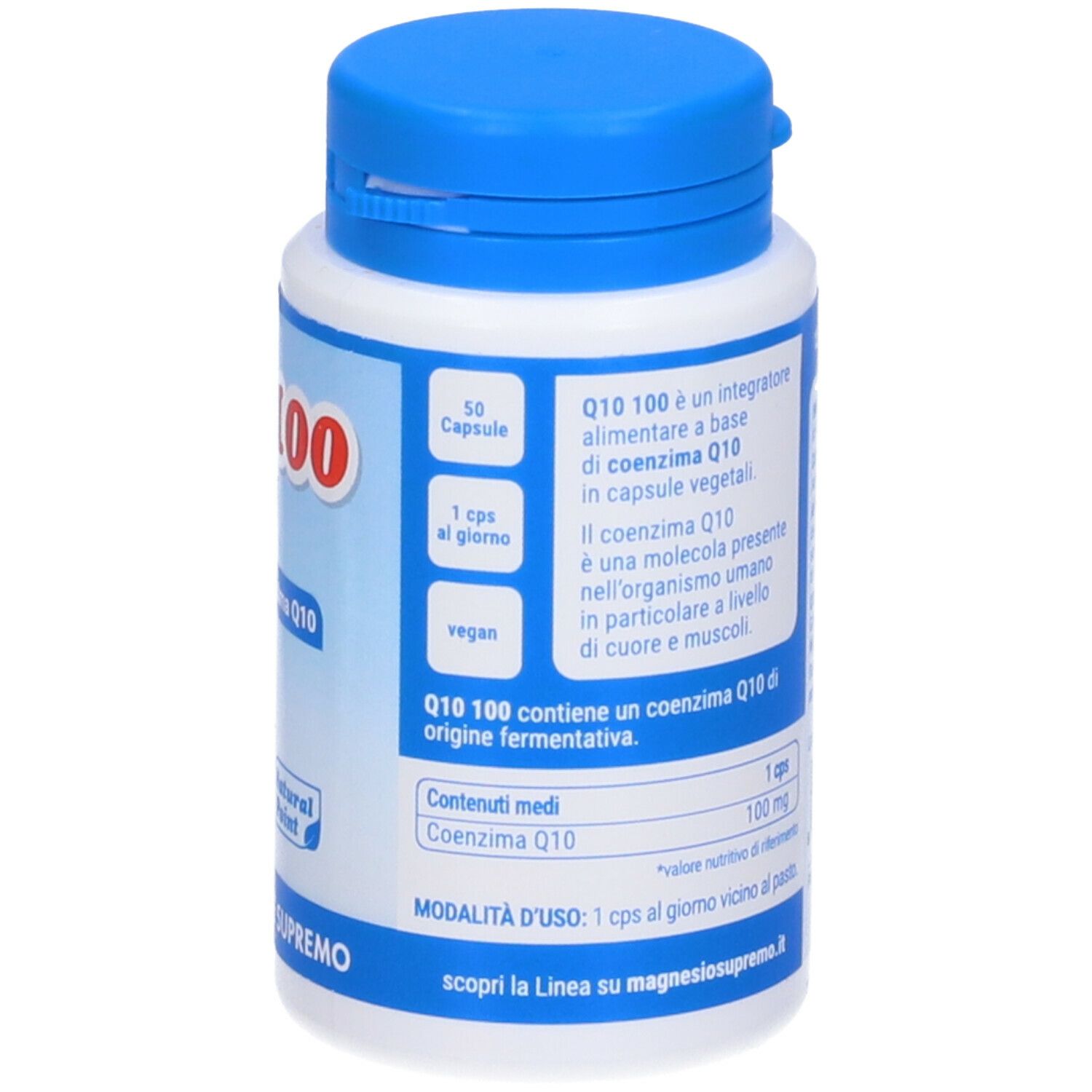 Retro del flacone. Testo sugli ingredienti e l'uso. 50 capsule. 1 cps al giorno. Vegan.
