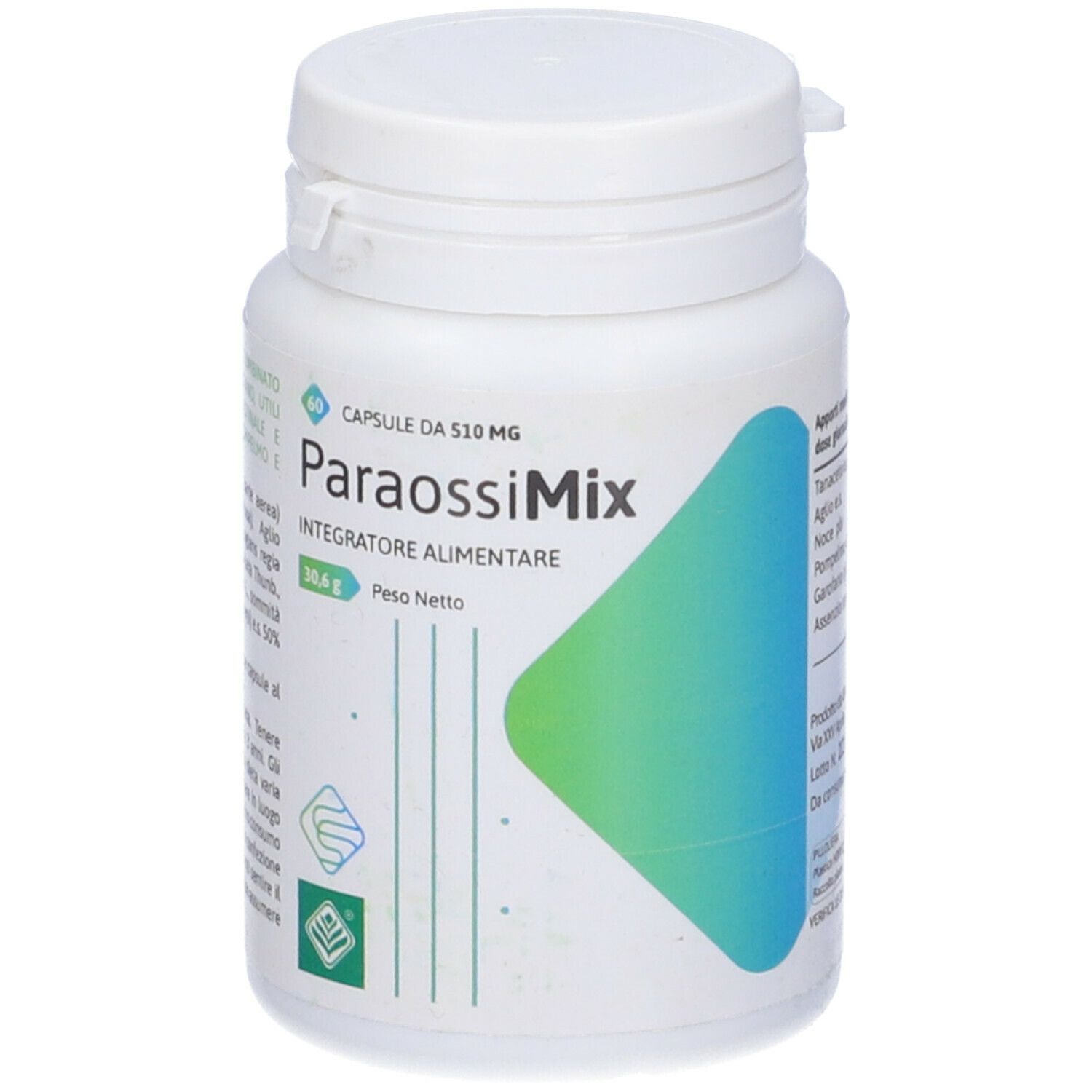Flacone bianco con etichetta Paraossimix. Design verde-blu. Capsule da 510 mg.