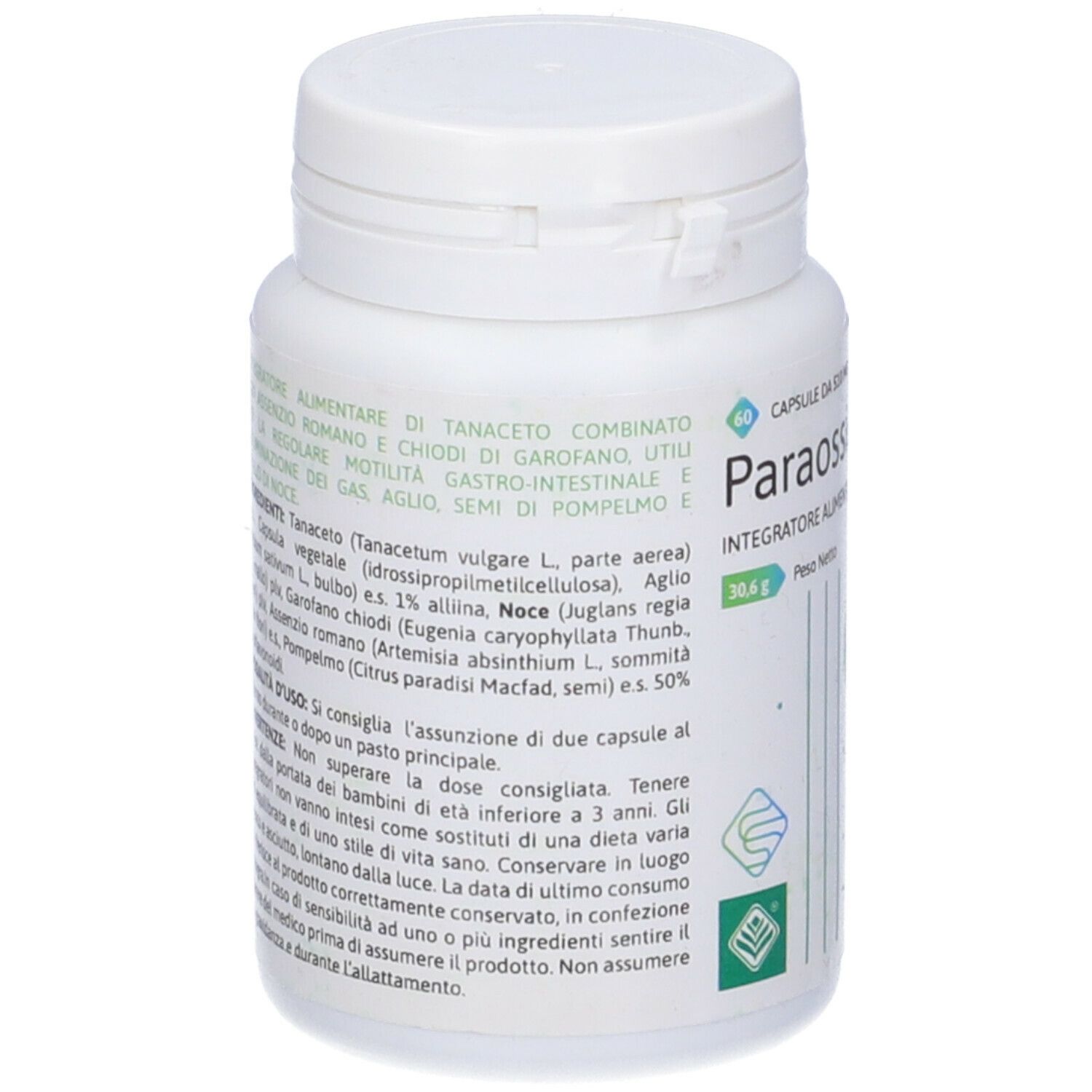 Flacone bianco con etichetta Paraossimix. Retro con ingredienti e testo. Capsule.