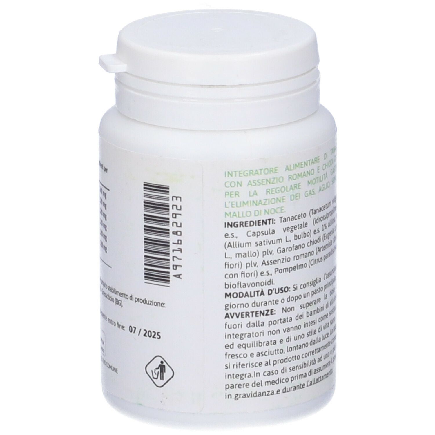 Flacone bianco con etichetta Paraossimix. Codice a barre e testo sul retro. Capsule.