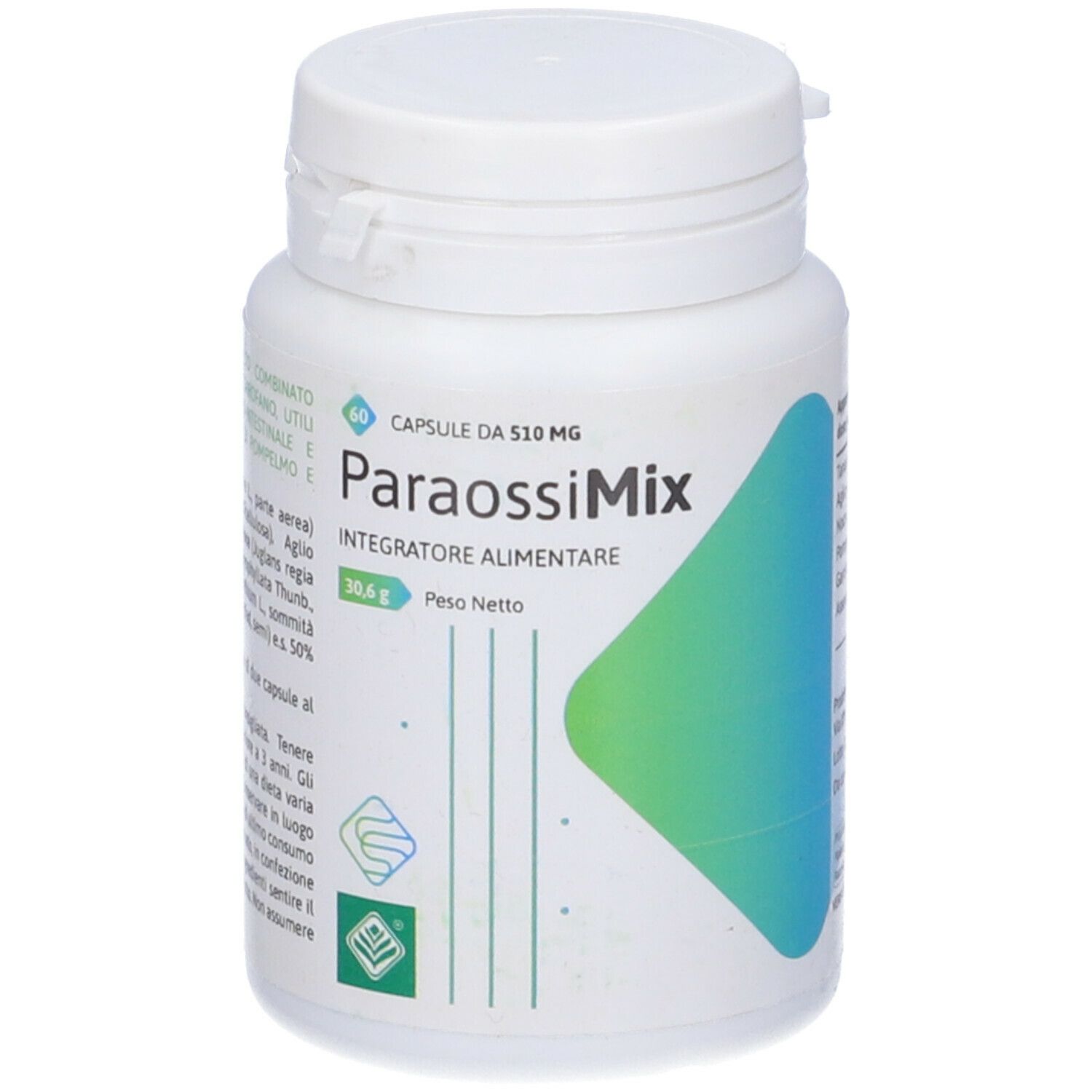 Flacone bianco con etichetta Paraossimix. Design verde-blu. Capsule da 510 mg.