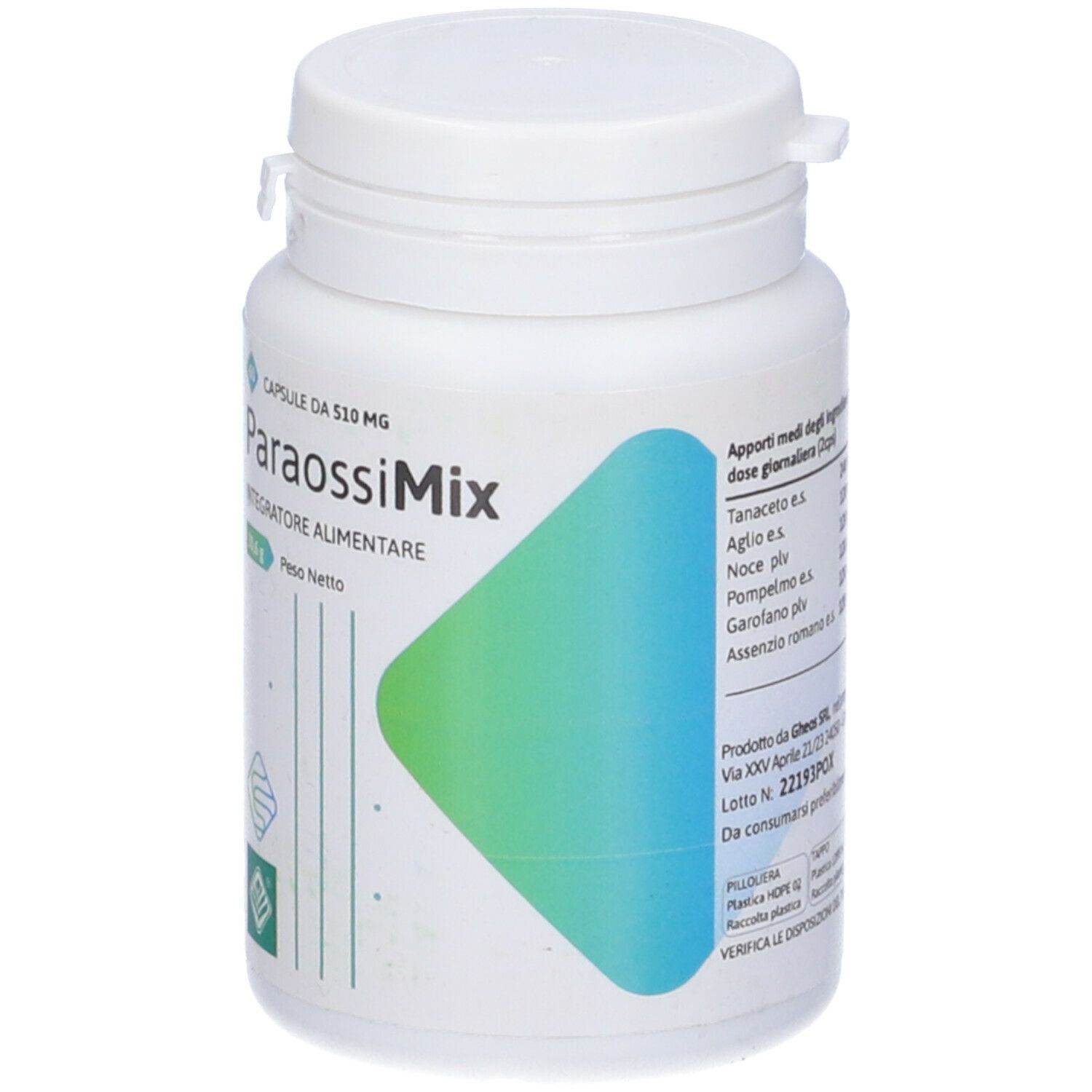 Flacone bianco con etichetta Paraossimix. Design verde-blu. Capsule da 510 mg.