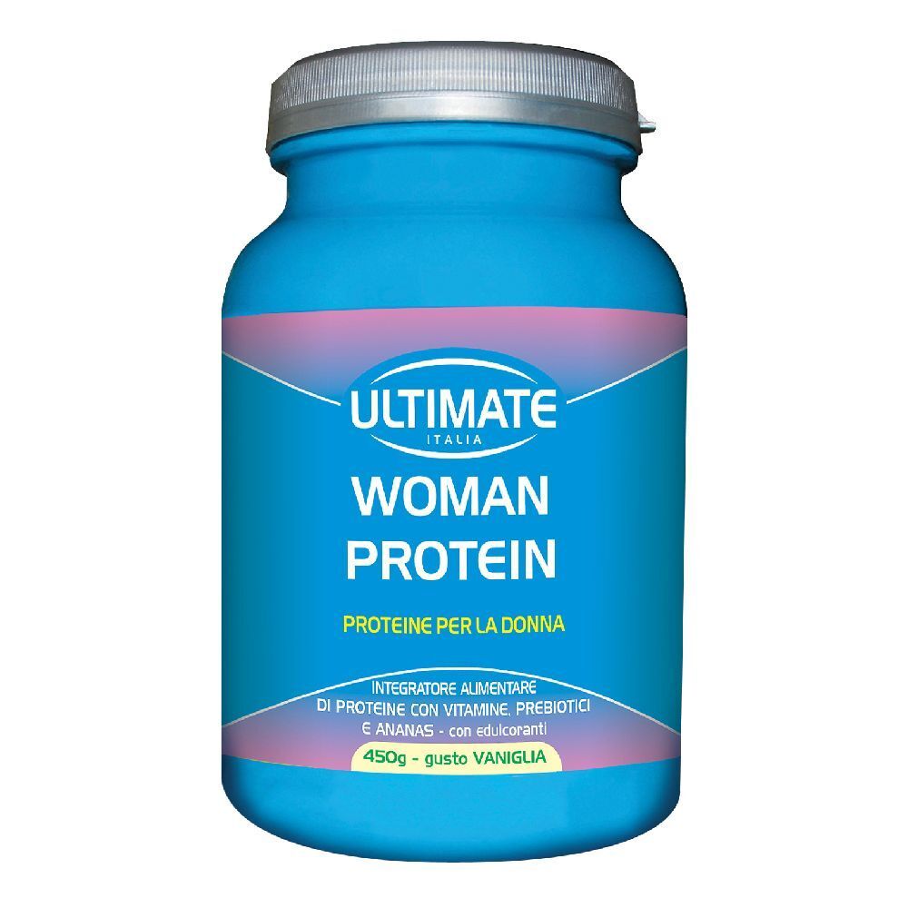 Barattolo blu con coperchio argentato. Scritta: ULTIMATE WOMAN PROTEIN. Testo: Proteine per la Donna. 450g - gusto Vaniglia.