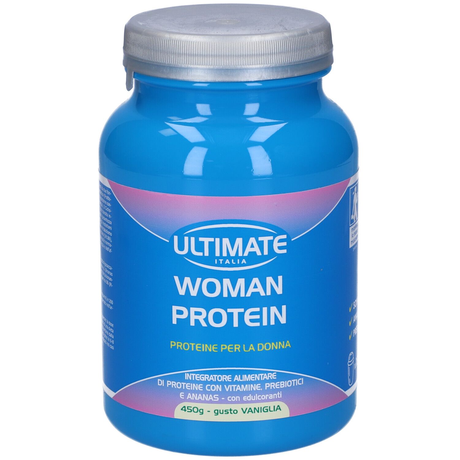 Barattolo blu con coperchio argentato. Scritta: ULTIMATE WOMAN PROTEIN. Testo: Proteine per la Donna. 450g - gusto Vaniglia.