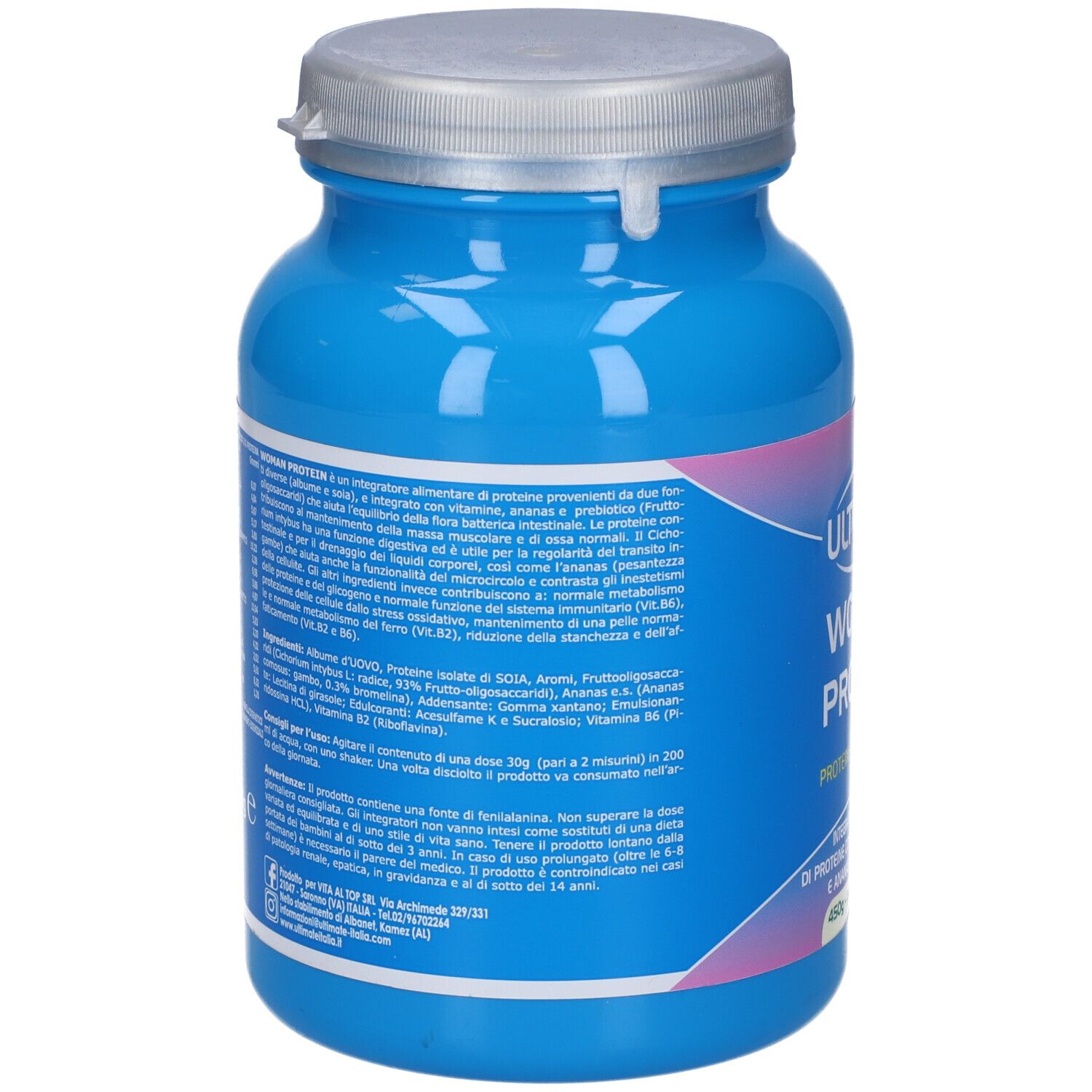 Retro del barattolo blu. Informazioni testuali e nutrizionali. Coperchio argentato. Accenti rosa e bianchi.