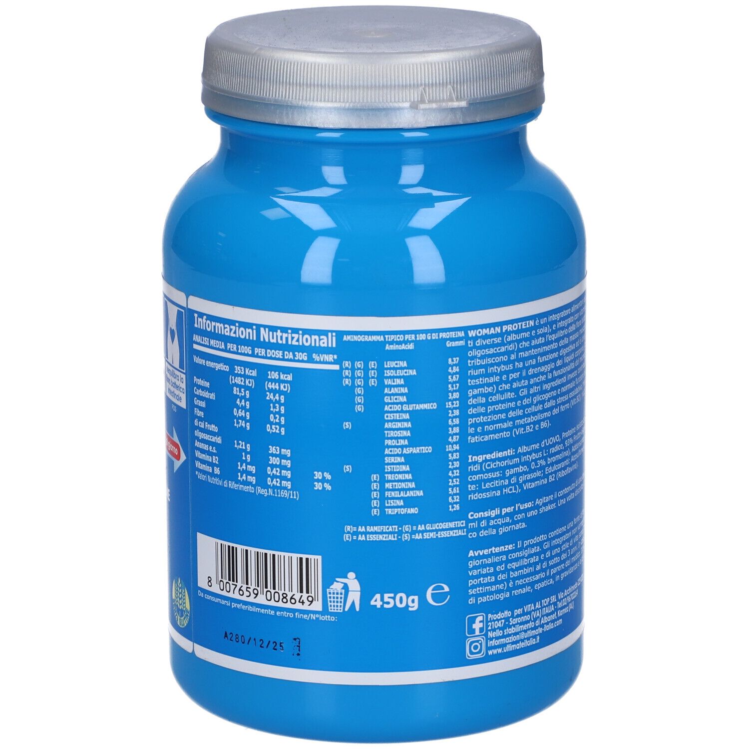 Barattolo blu con coperchio argentato. Informazioni nutrizionali e testo. 450g. Accenti rosa e bianchi.