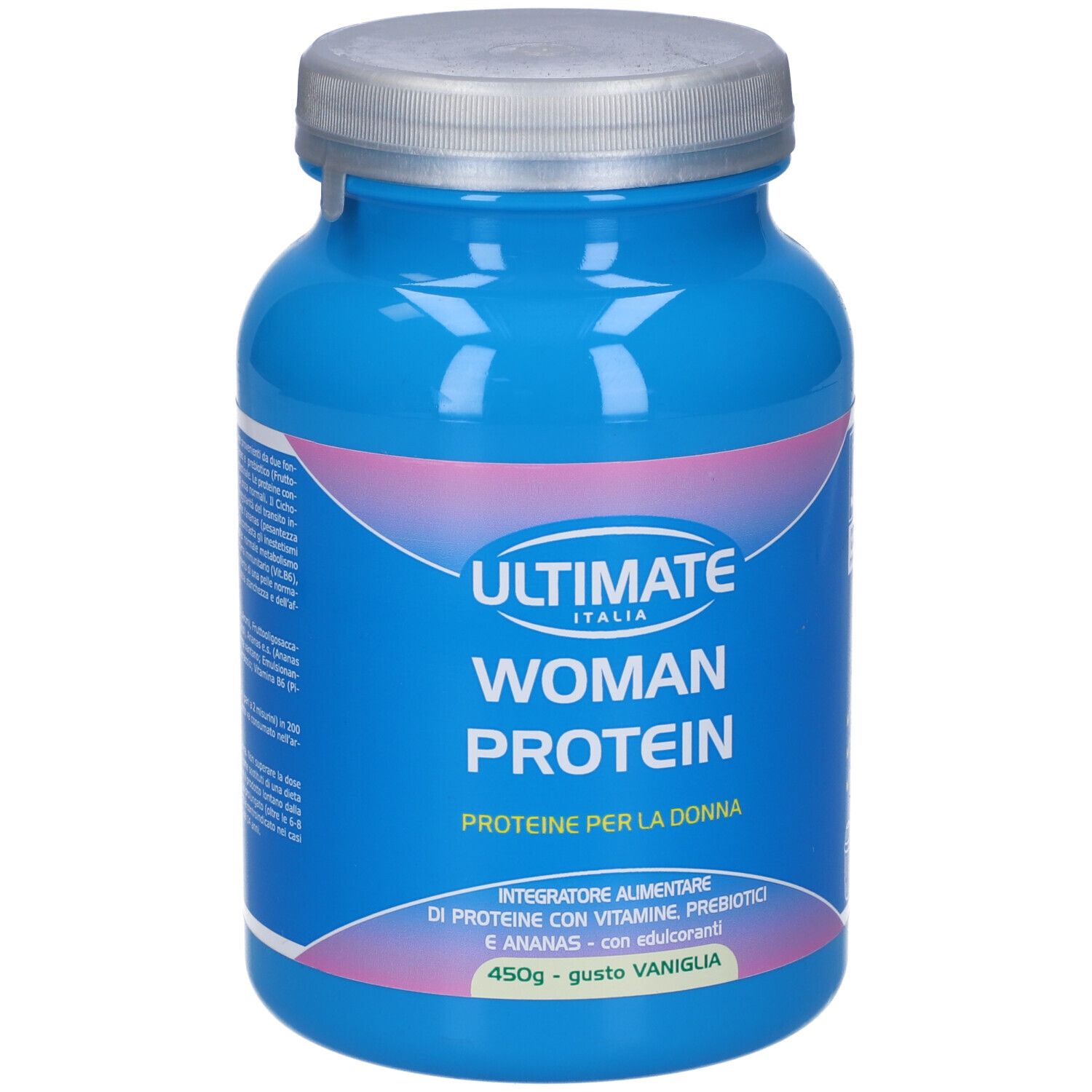 Barattolo blu con coperchio argentato. Scritta: ULTIMATE WOMAN PROTEIN. Testo: Proteine per la Donna. 450g - gusto Vaniglia.