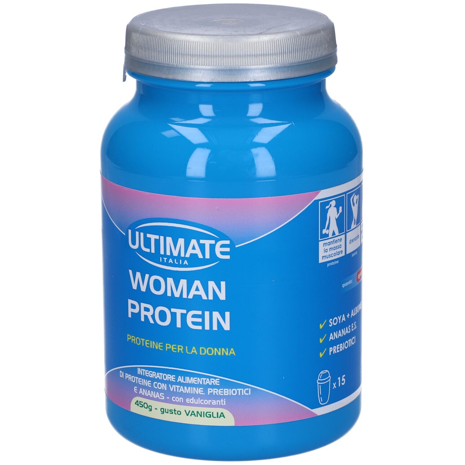 Barattolo blu con coperchio argentato. Scritta: ULTIMATE WOMAN PROTEIN. Testo: Proteine per la Donna. 450g - gusto Vaniglia. 15 porzioni.