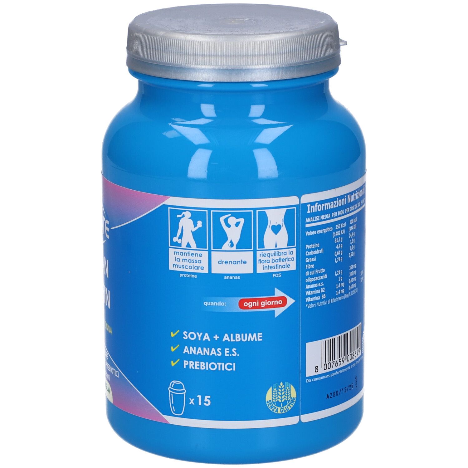 Retro del barattolo blu. Informazioni testuali, nutrizionali. 15 porzioni. Coperchio argentato. Accenti rosa e bianchi.
