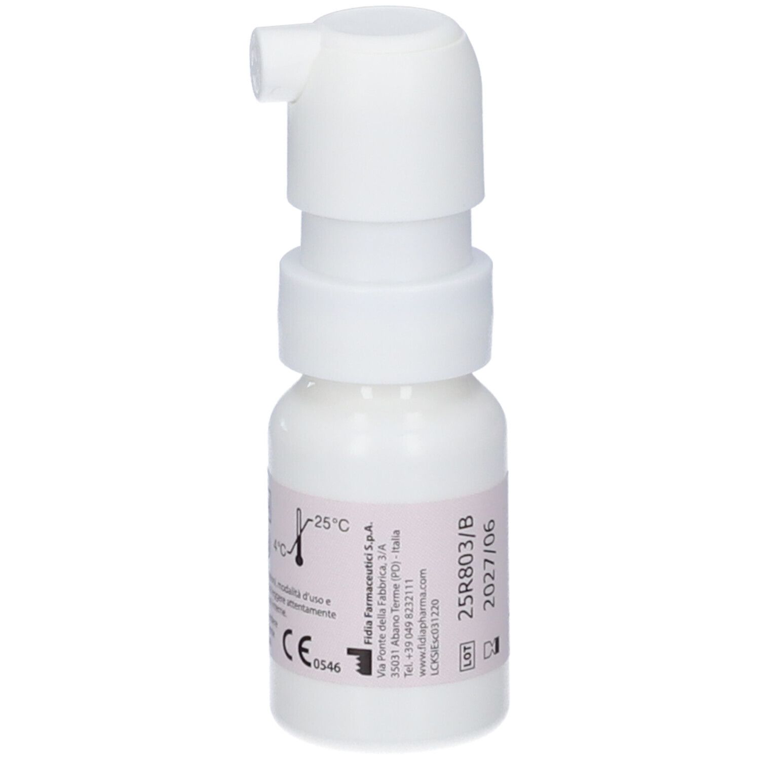 Weißer Sprühflakon mit Pumpkopf. Aufschrift LACRISEK PLUS Spray, fidia, 8 ml. Enthält Liposome, Vitamine.
