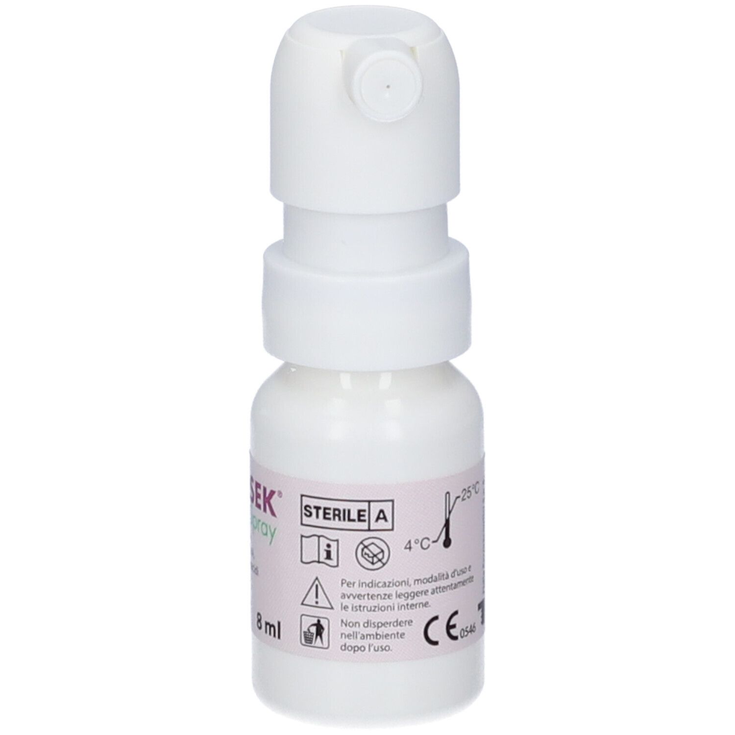 Weißer Sprühflakon mit Pumpkopf. Aufschrift LACRISEK PLUS Spray, fidia, 8 ml. Enthält Liposome, Vitamine.