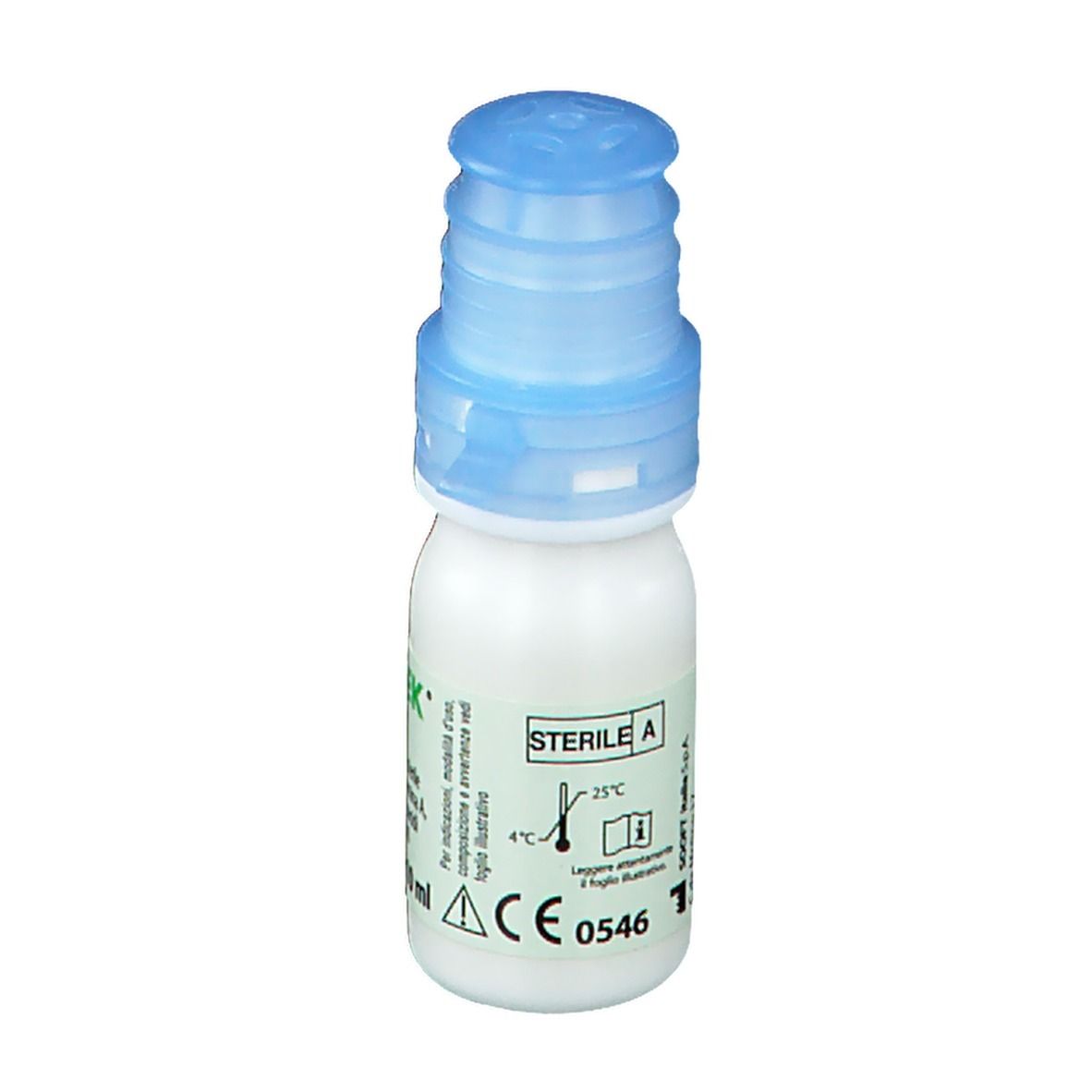 Flacone di collirio bianco con tappo blu. Etichetta con informazioni sul prodotto e marchio CE.