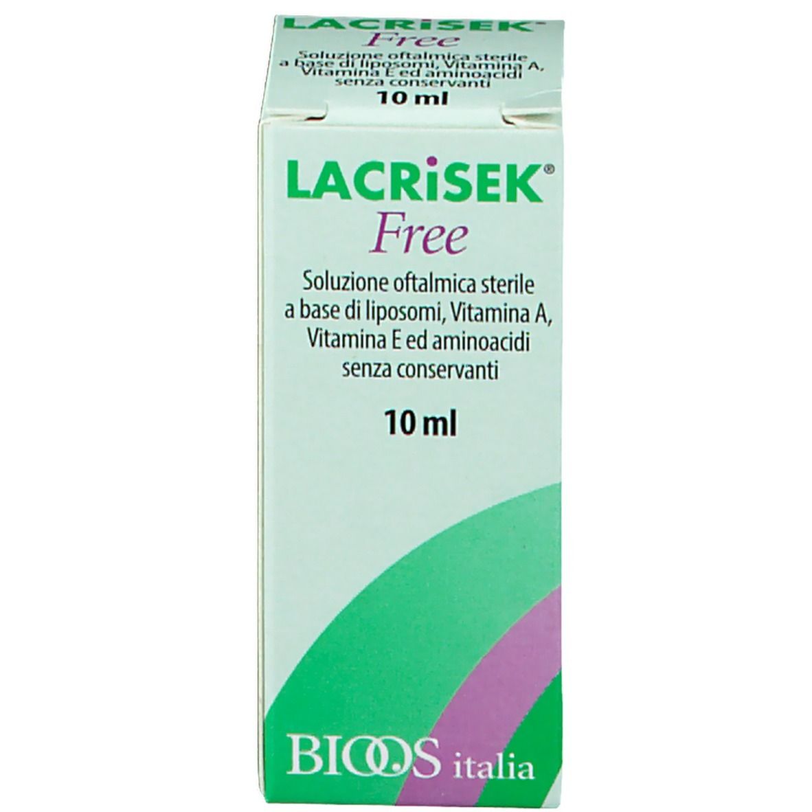 Scatola per collirio. Verde-bianca con nome del prodotto e informazioni.