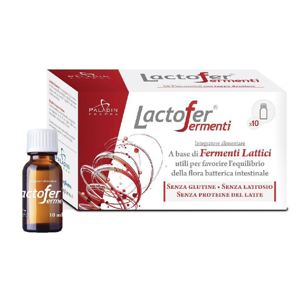 Braune Flasche und Verpackung von Lactofer Fermenti. Aufschrift: 10 ml. Enthält Fermenti Lattici.