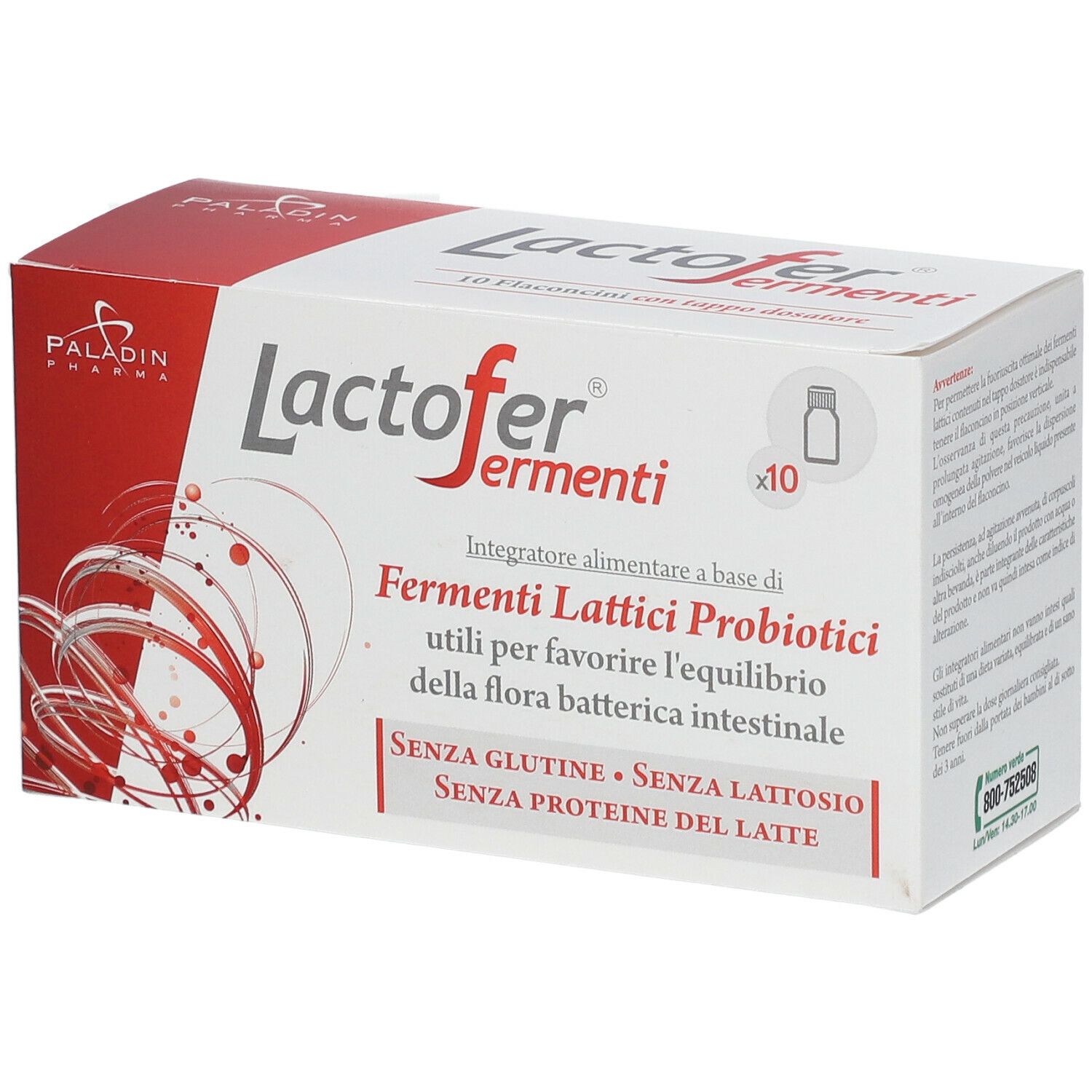 Verpackung von Lactofer Fermenti. Enthält 10 Fläschchen. Aufschrift: Fermenti Lattici Probiotici.