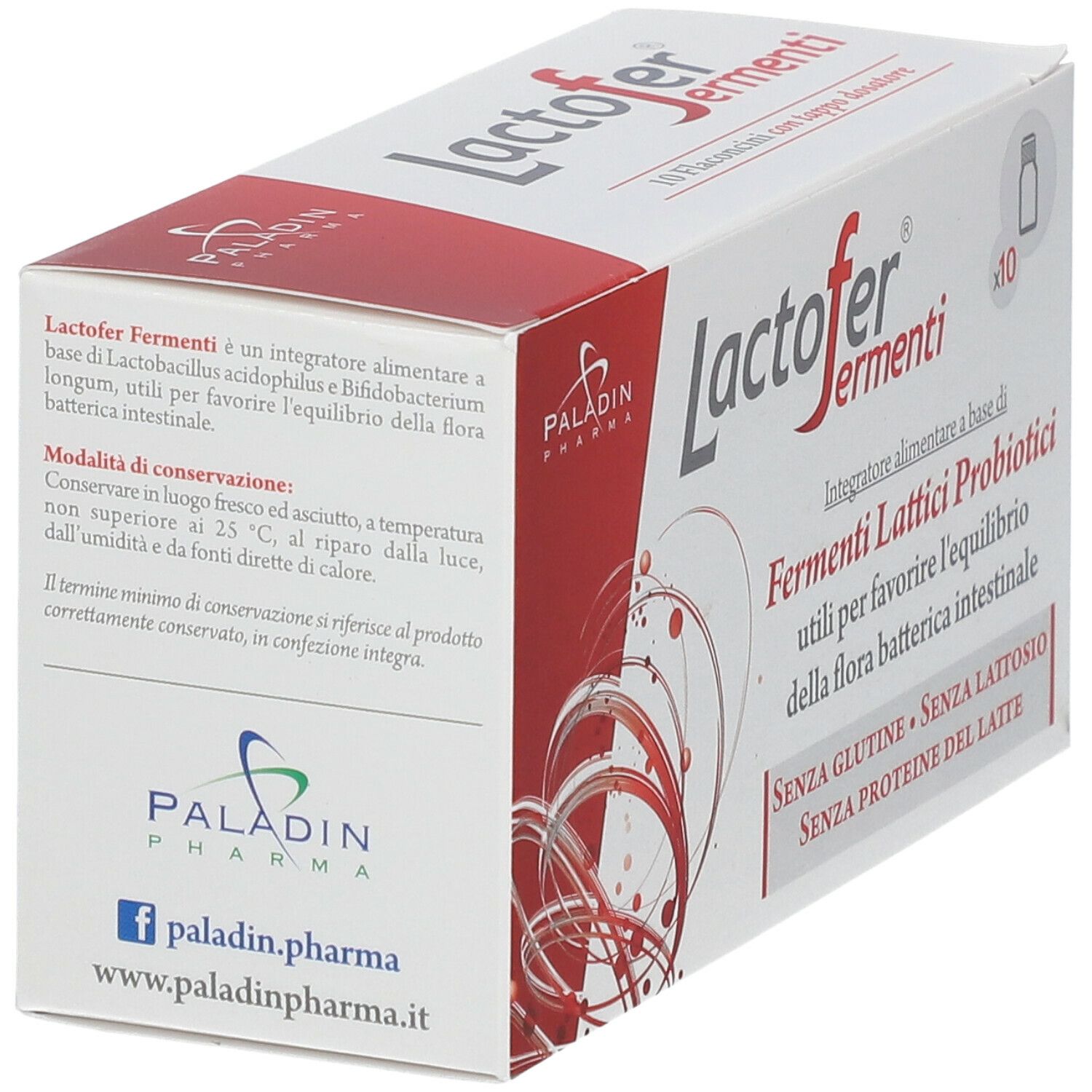 Verpackung von Lactofer Fermenti. Aufschrift: Fermenti Lattici Probiotici. Enthält 10 Fläschchen.