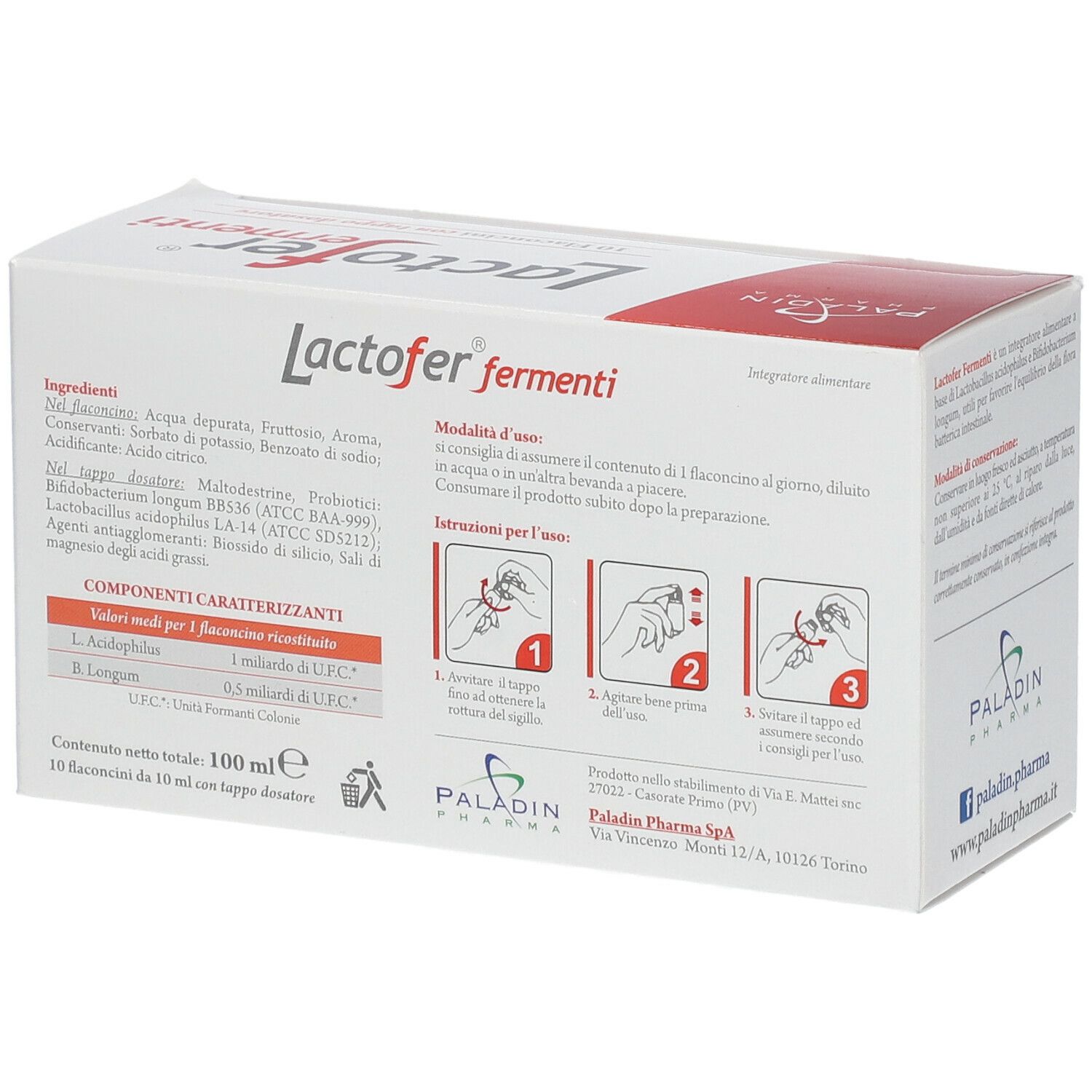 Rückseite der Verpackung von Lactofer Fermenti. Enthält Informationen zu Inhaltsstoffen und Anwendung.