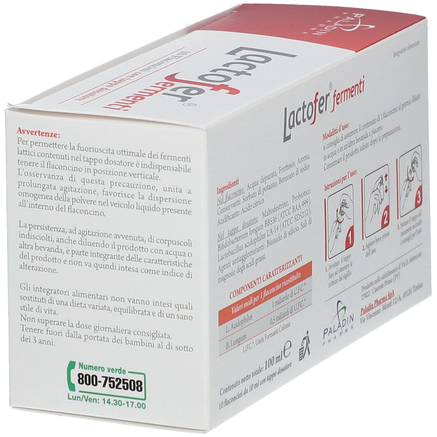 Rückseite der Verpackung von Lactofer Fermenti. Enthält Informationen zu Inhaltsstoffen und Anwendung.