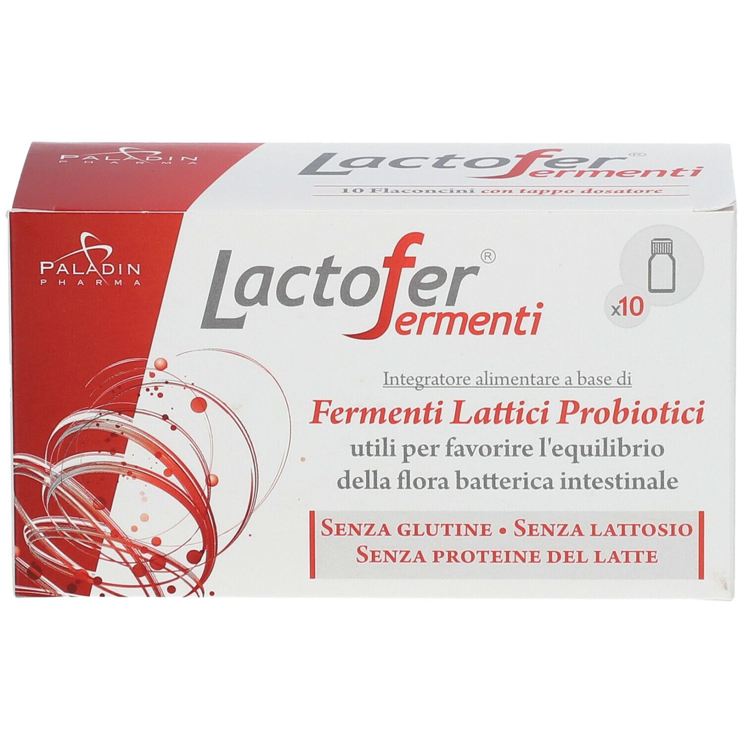 Verpackung von Lactofer Fermenti. Aufschrift: Fermenti Lattici Probiotici. Enthält 10 Fläschchen.
