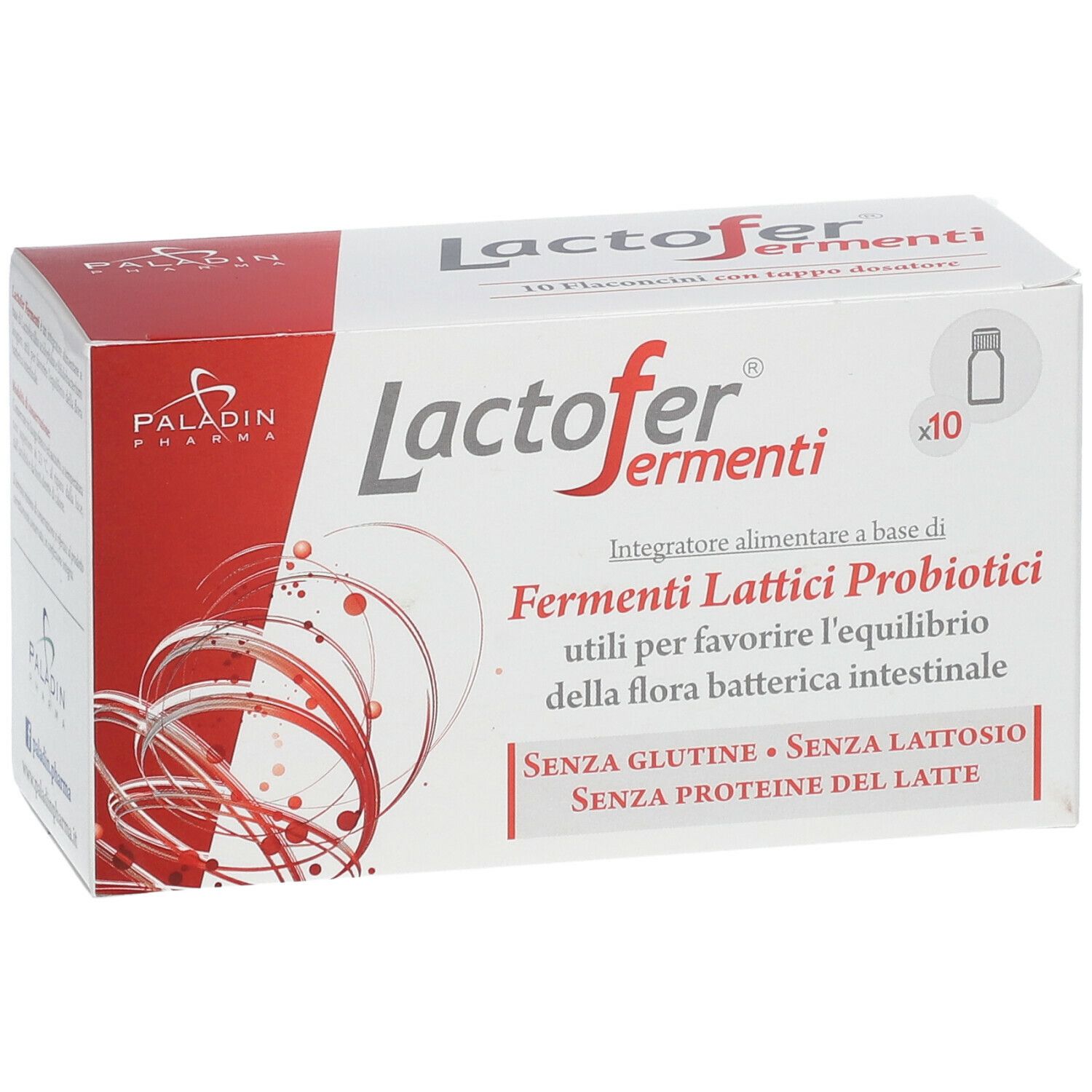 Verpackung von Lactofer Fermenti. Aufschrift: Fermenti Lattici Probiotici. Enthält 10 Fläschchen.