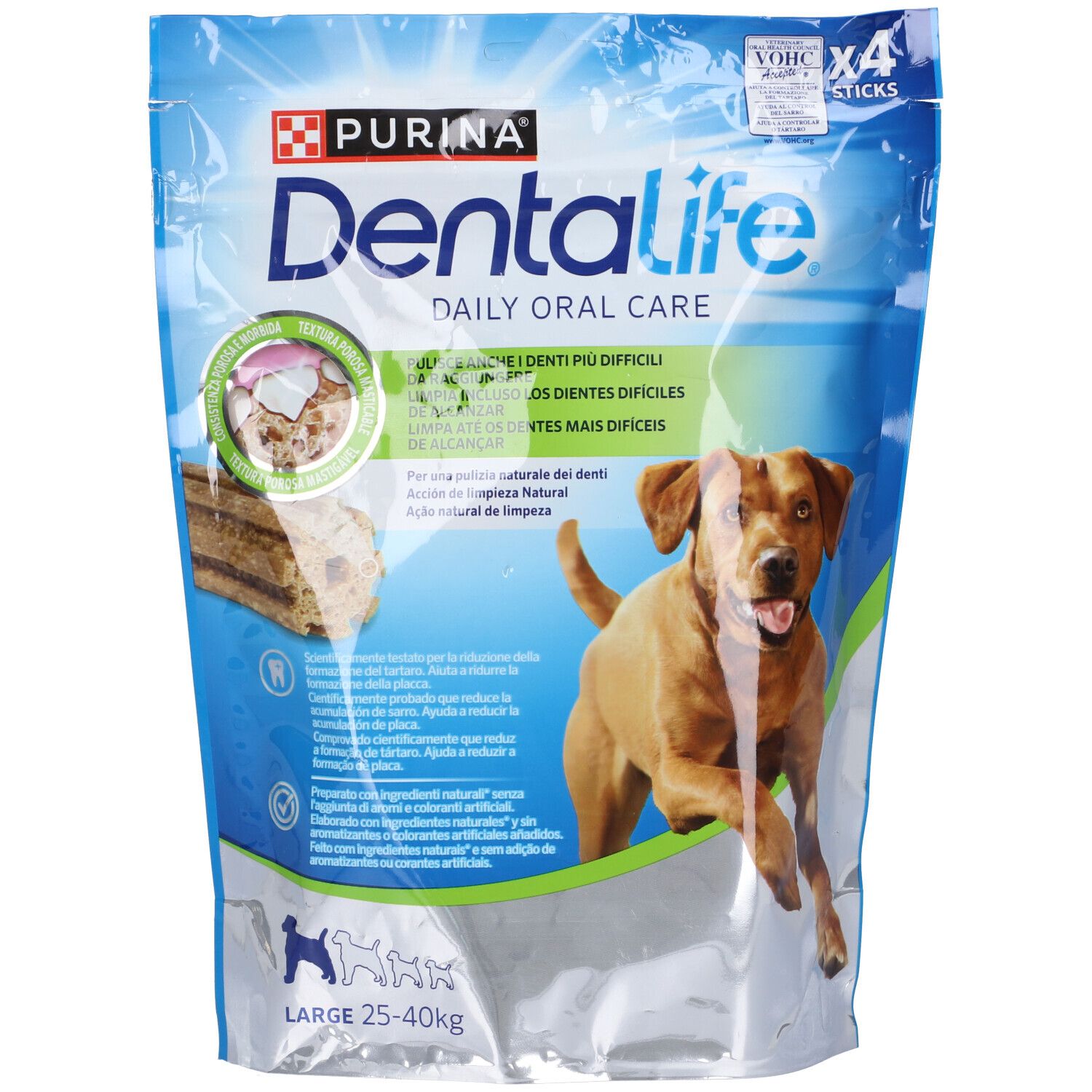 Confezione blu con nome del prodotto e cane. Contiene quattro bastoncini. Immagine del prodotto e cane.