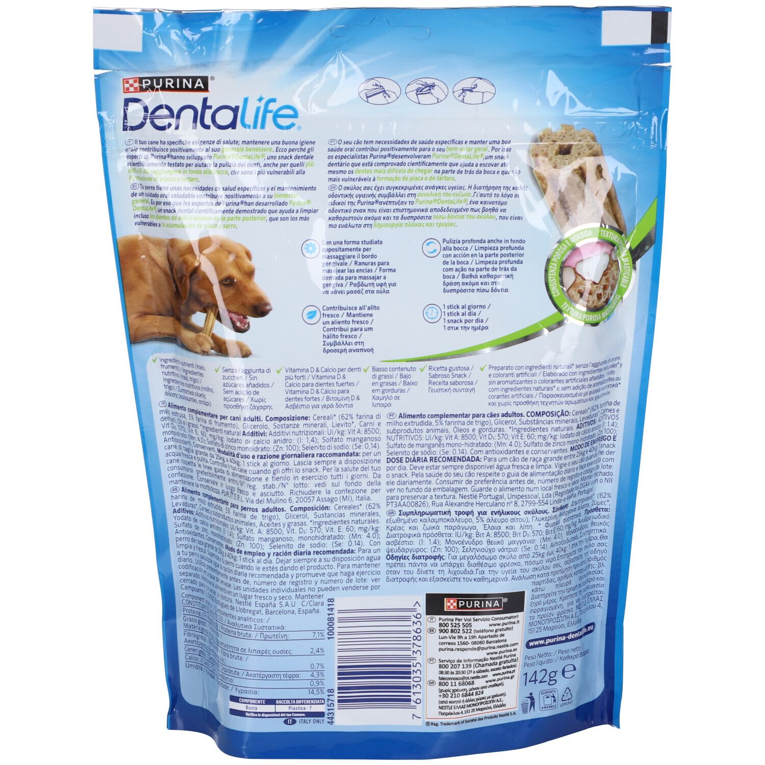 Retro della confezione. Confezione blu con informazioni sul prodotto e cane. Immagine del prodotto.