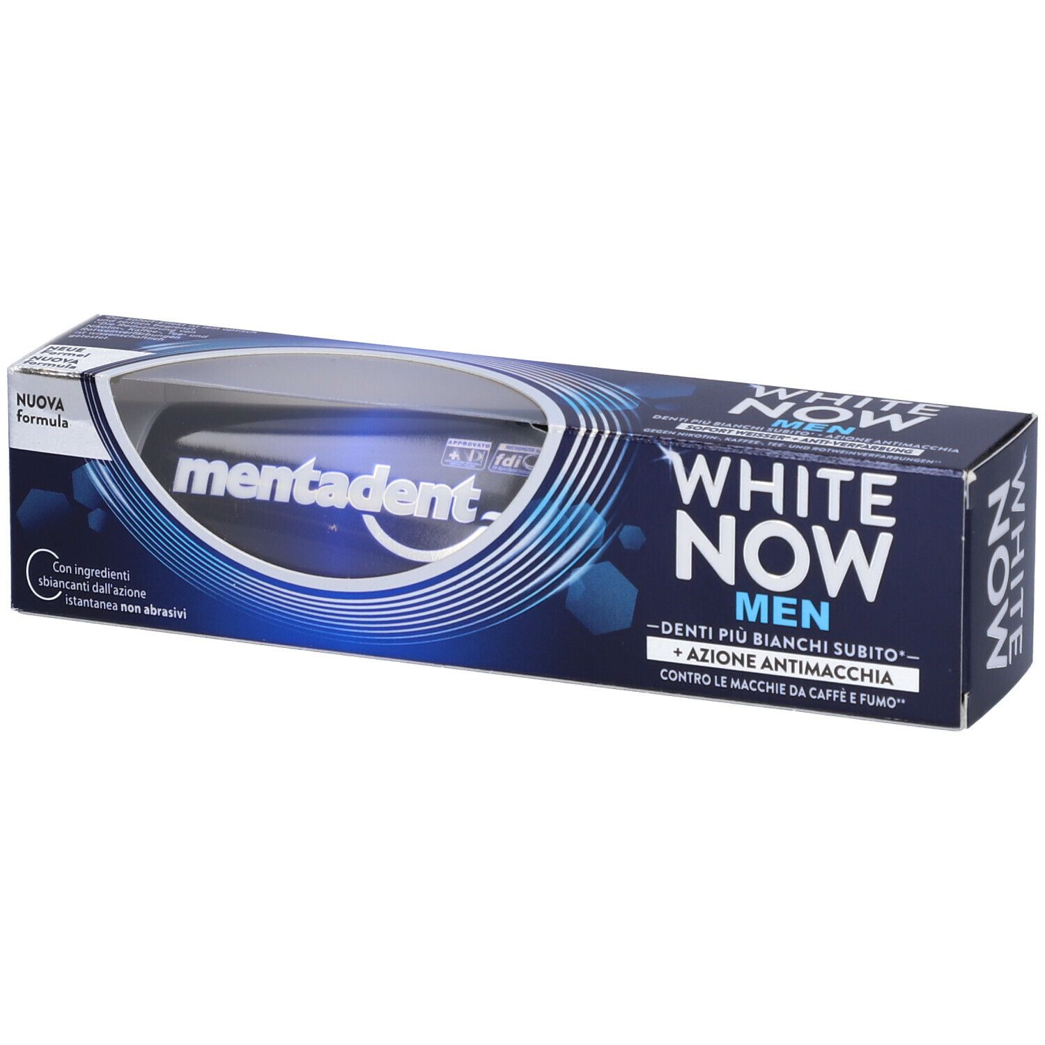 Confezione di dentifricio MENTADENT White Now Men. Scatola blu con nome e logo del prodotto. Finestra mostra il tubetto.