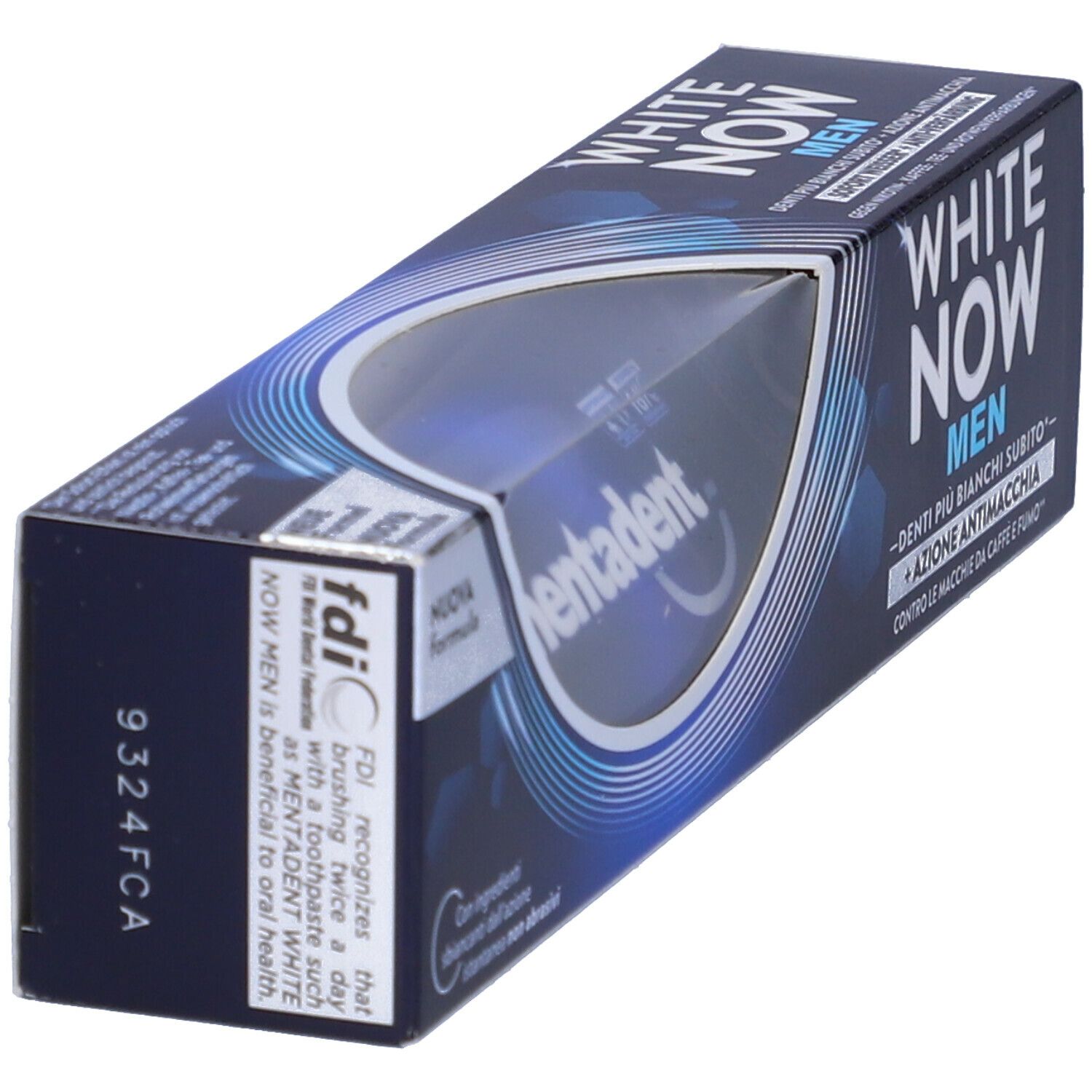 Confezione di dentifricio MENTADENT White Now Men. Scatola blu con nome e logo del prodotto. Certificazione FDI.