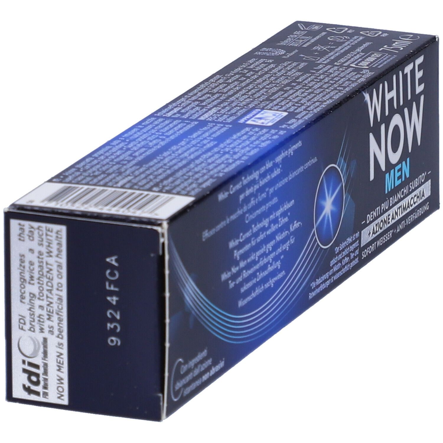 Confezione di dentifricio MENTADENT White Now Men. Scatola blu con nome e logo del prodotto. Certificazione FDI.