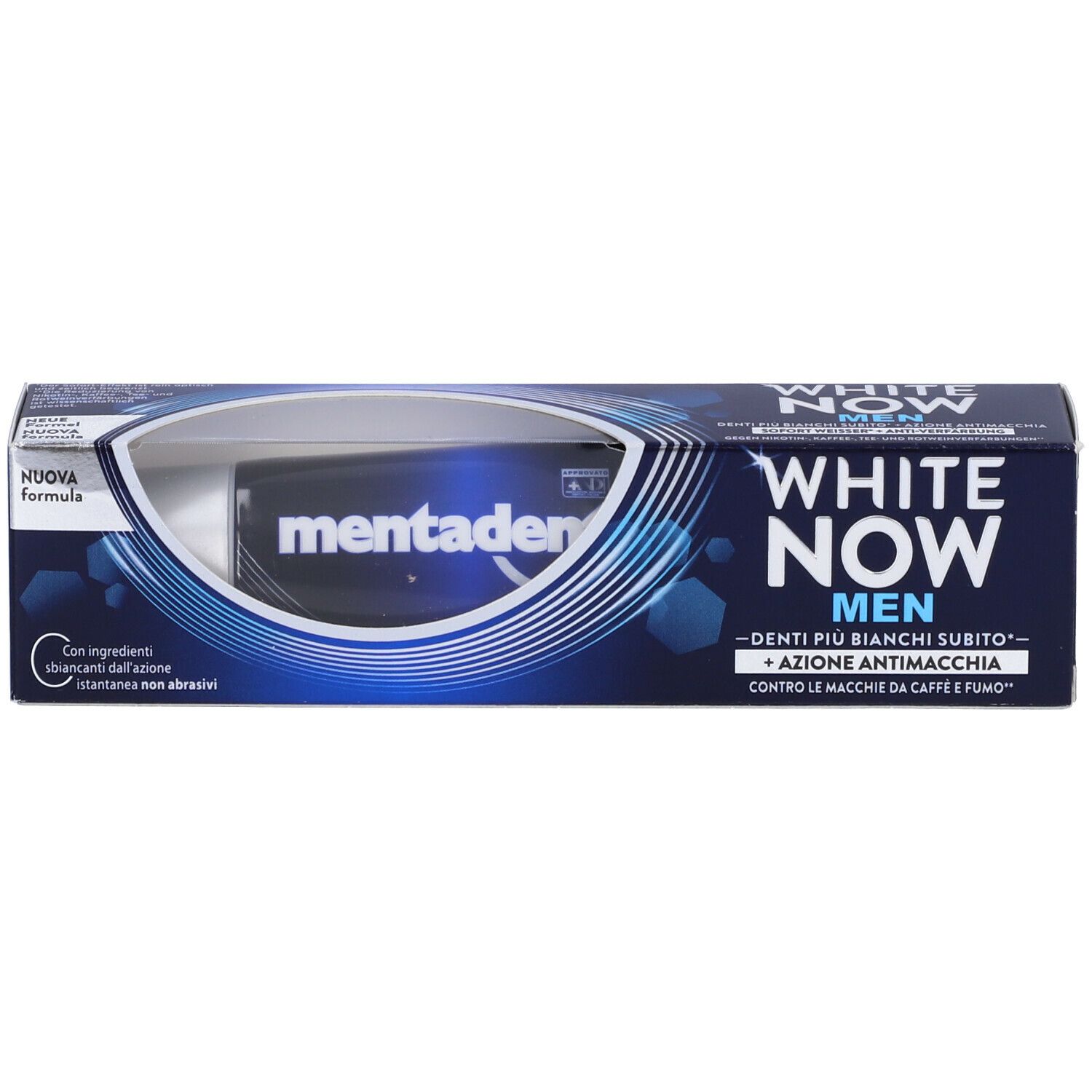 Confezione di dentifricio MENTADENT White Now Men. Scatola blu con nome e logo del prodotto. Finestra mostra il tubetto.