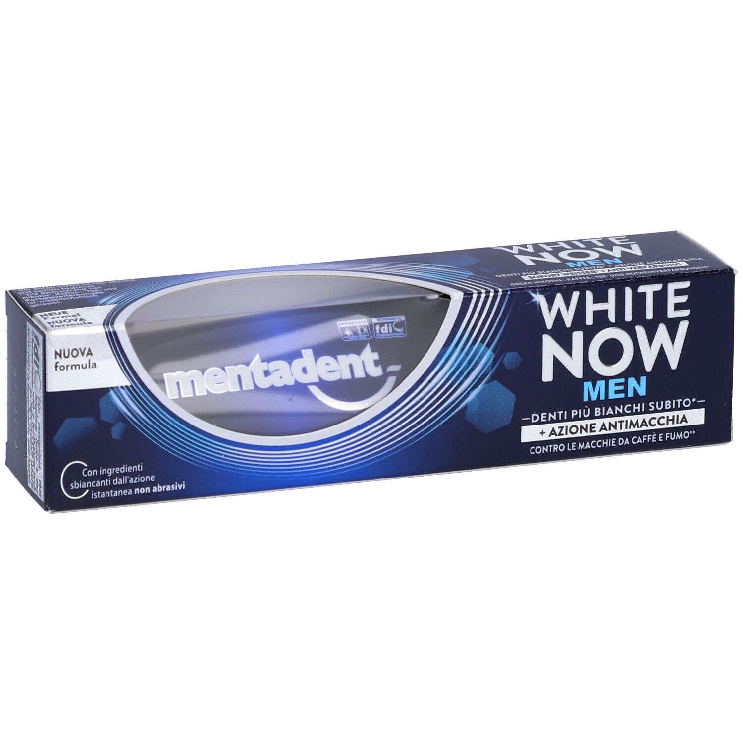 Confezione di dentifricio MENTADENT White Now Men. Scatola blu con nome e logo del prodotto. Finestra mostra il tubetto.