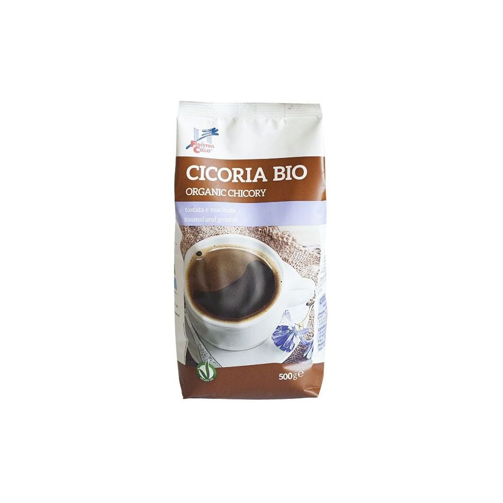 Confezione "Cicoria Bio". Immagine di tazza di caffè. 500g. Certificazione biologica.