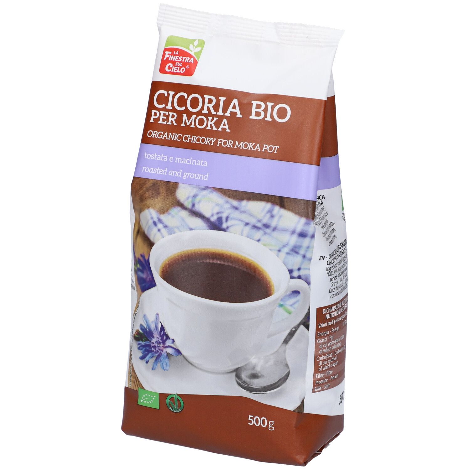 Confezione "Cicoria Bio per Moka". Immagine di tazza di caffè. 500g. Certificazione biologica.