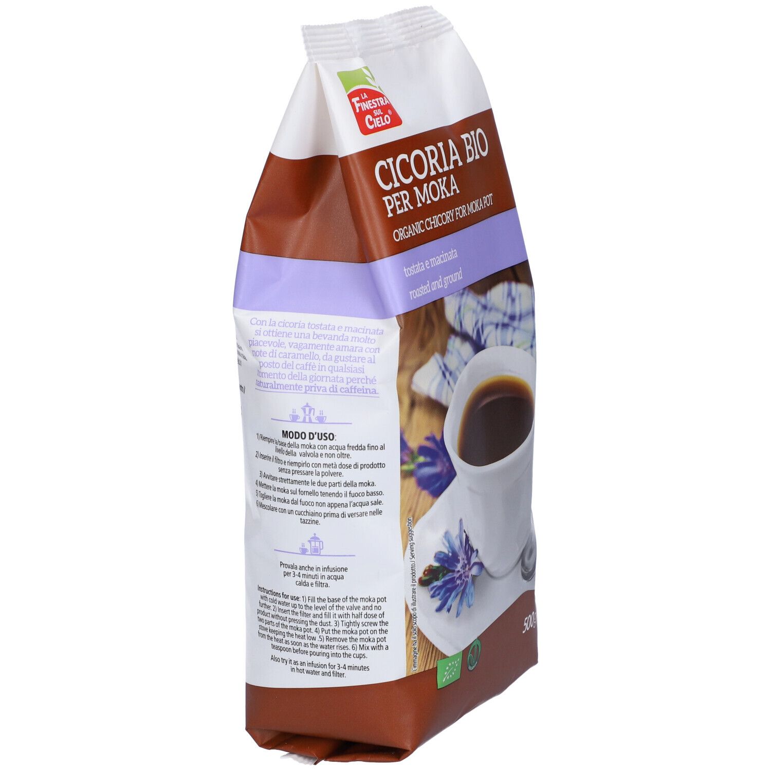 Confezione "Cicoria Bio per Moka". Vista laterale. Testo e immagine di tazza di caffè. 500g. Bio.