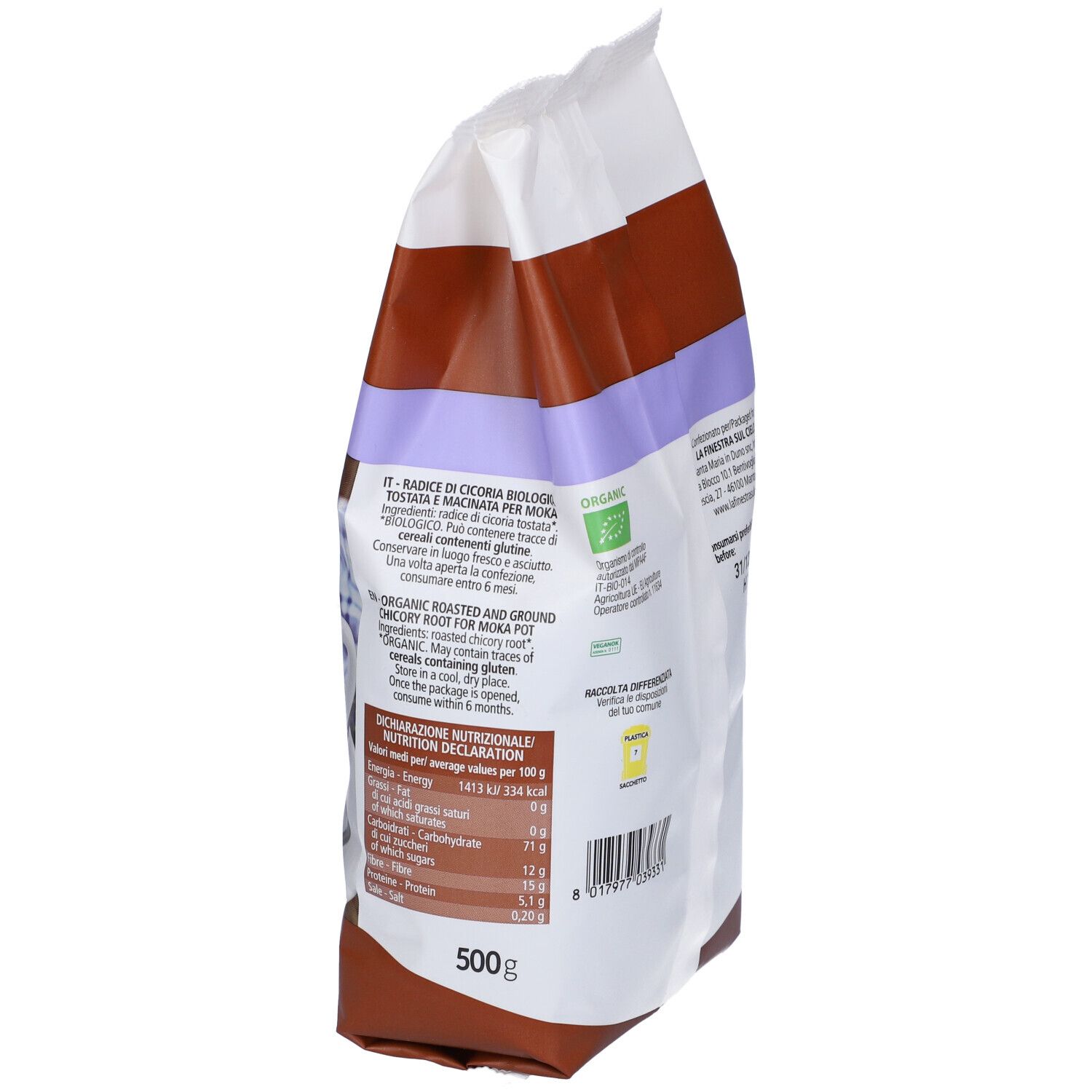 Confezione "Cicoria Bio per Moka". Vista laterale. Testo, informazioni nutrizionali e certificazione bio. 500g.