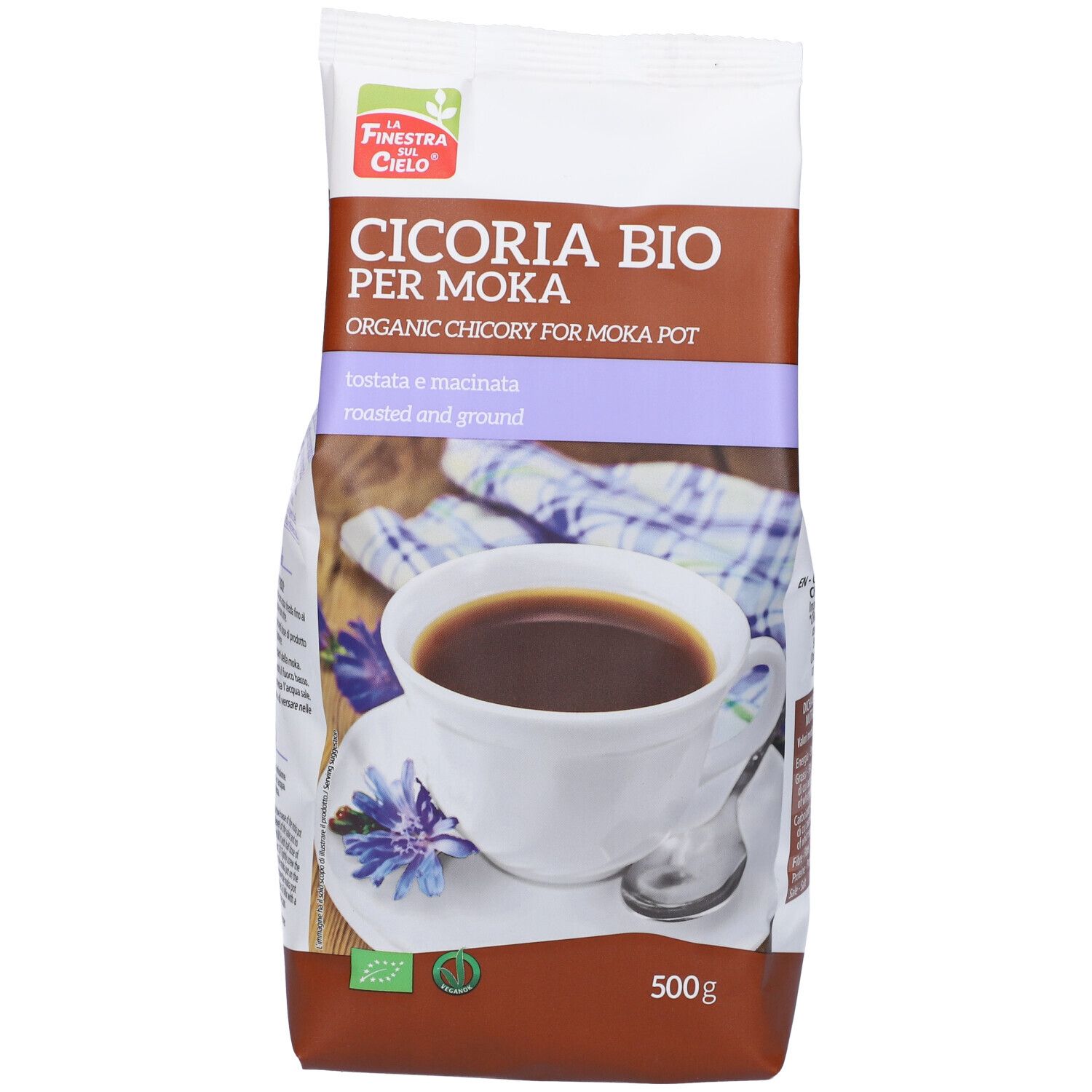 Confezione "Cicoria Bio per Moka". Immagine di tazza di caffè. 500g. Certificazione biologica.