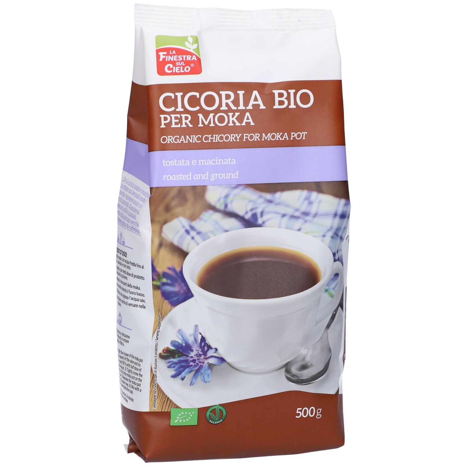 Confezione "Cicoria Bio per Moka". Immagine di tazza di caffè. 500g. Certificazione biologica.