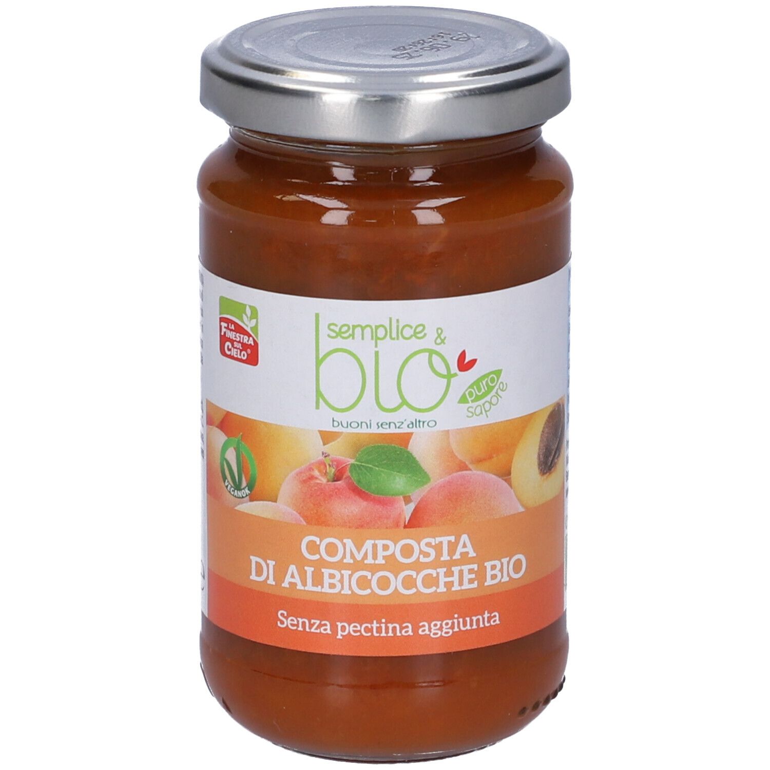 Vasetto di composta di albicocche. Etichetta con nome e logo del prodotto. Coperchio metallico.