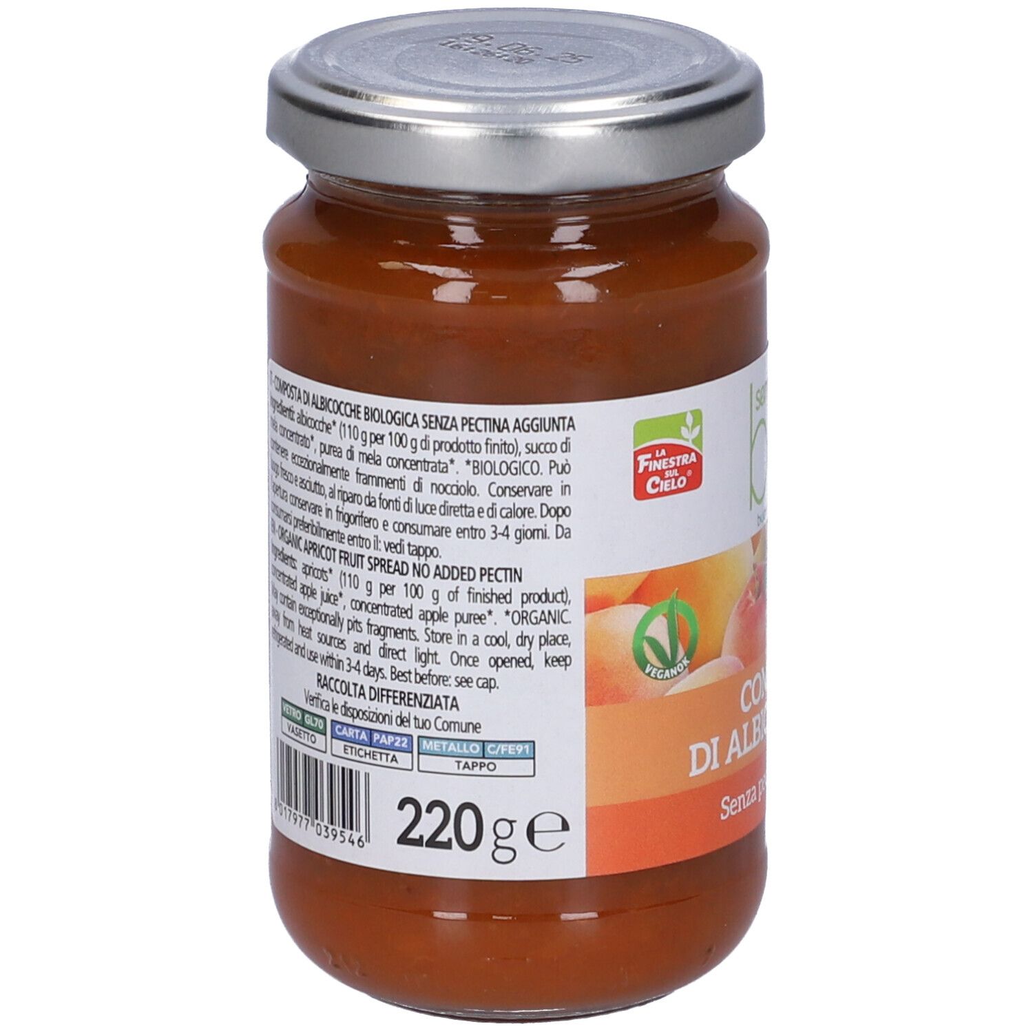 Retro del vasetto di composta di albicocche. Informazioni testuali e nutrizionali. Chiusura metallica.