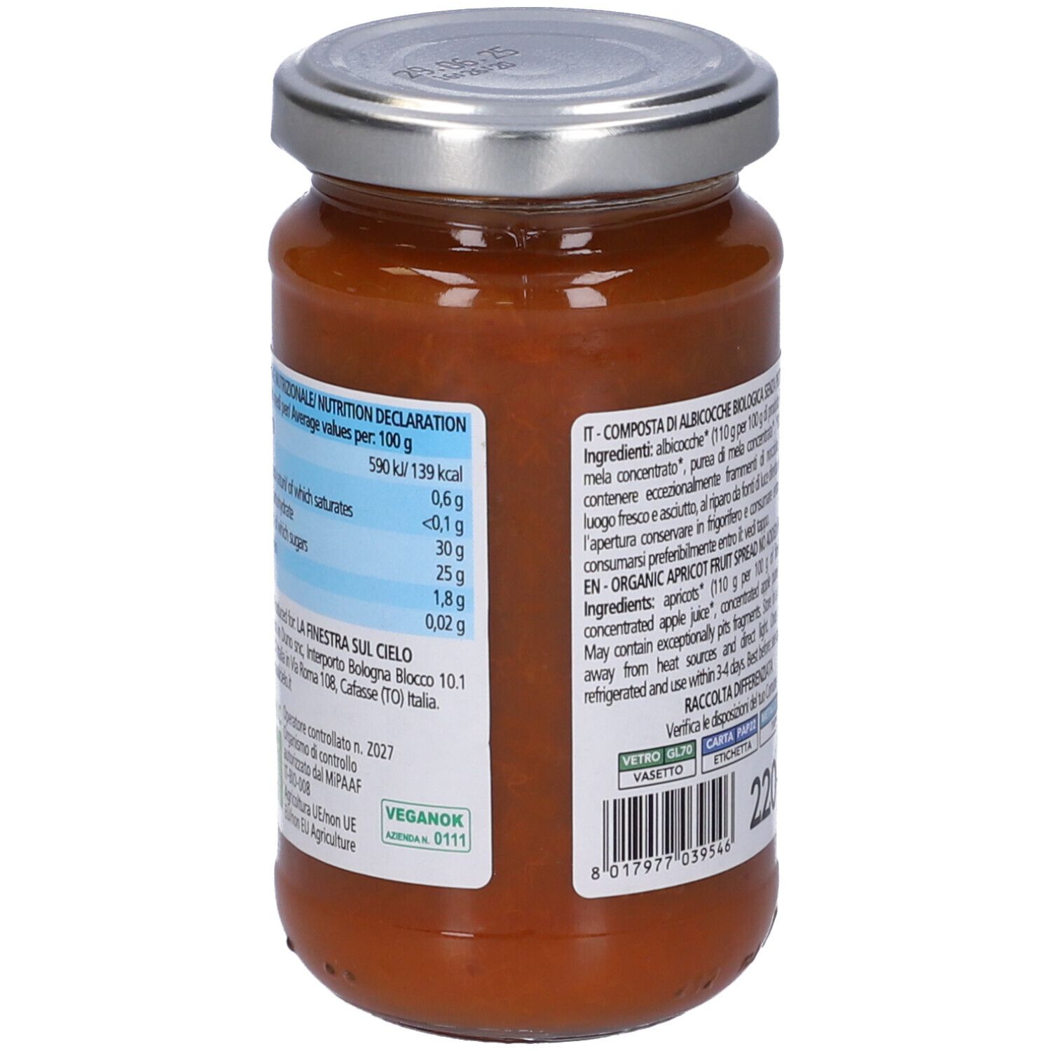 Retro del vasetto di composta di albicocche. Informazioni testuali e nutrizionali. Chiusura metallica.