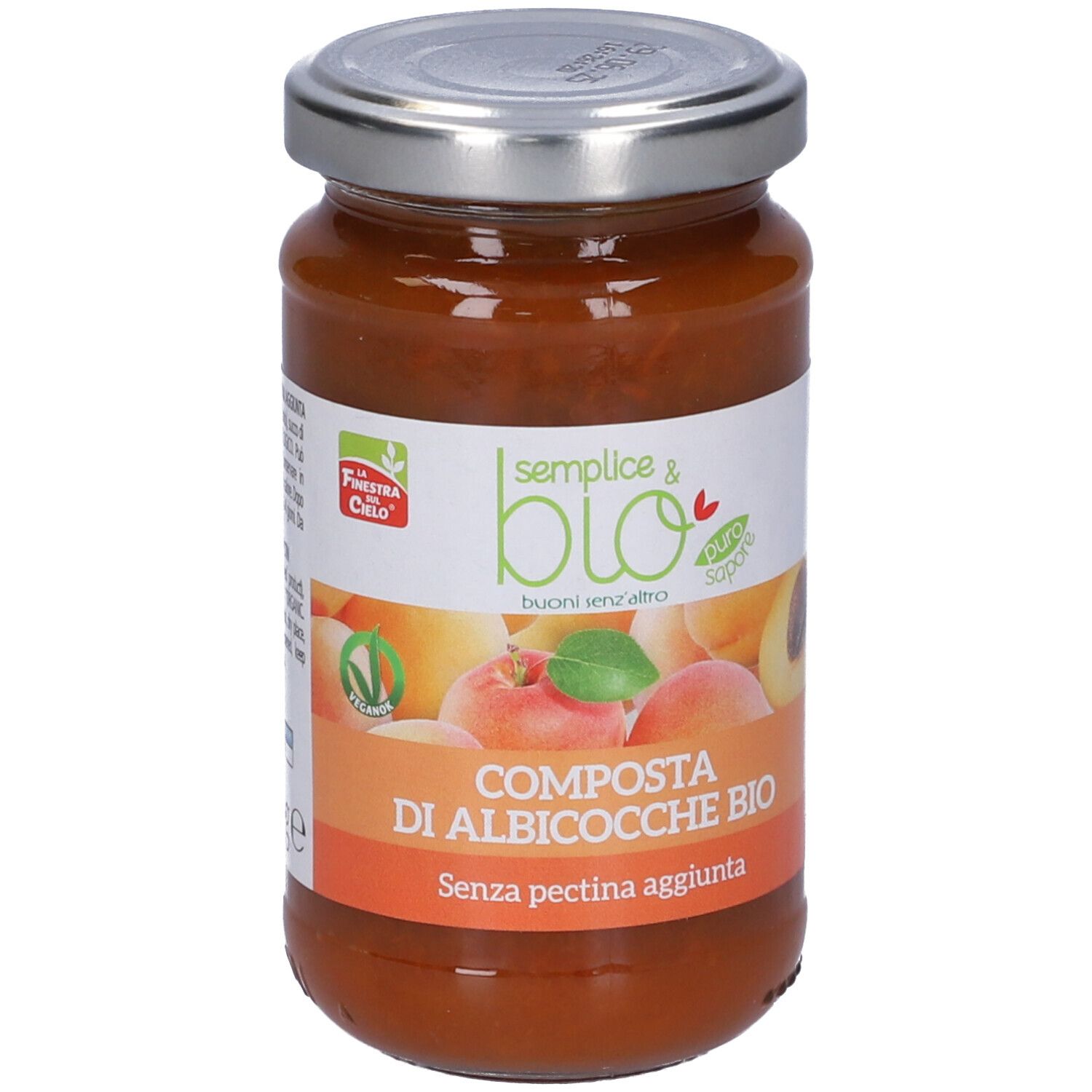 Vasetto di composta di albicocche. Etichetta con nome e logo del prodotto. Coperchio metallico.