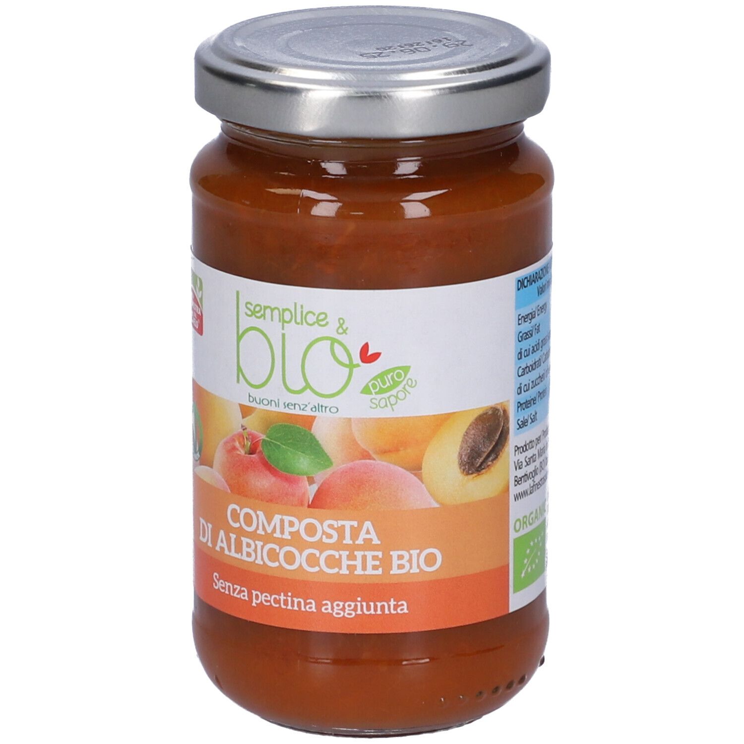 Vasetto di composta di albicocche. Etichetta con nome e logo del prodotto. Coperchio metallico.