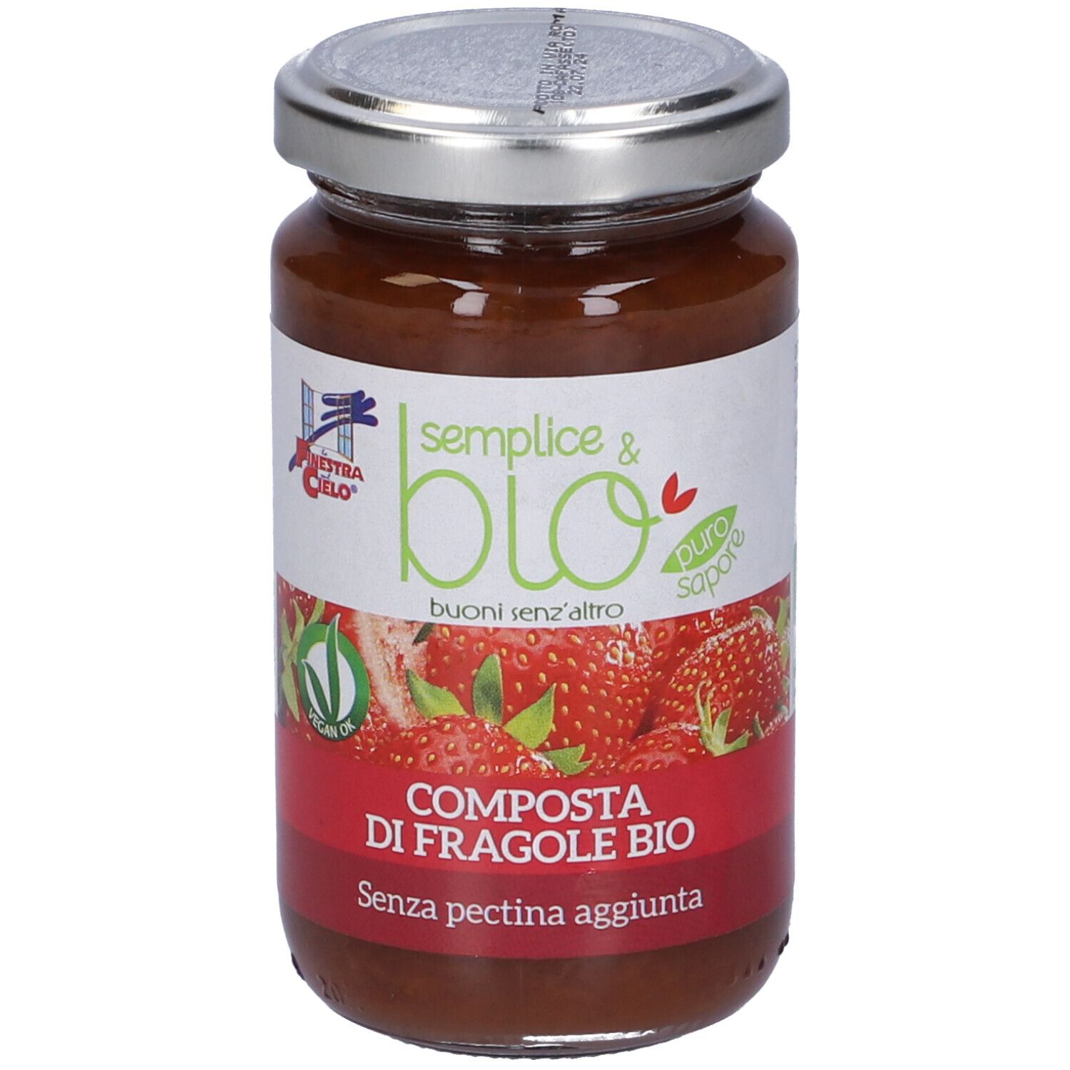 Vasetto di composta di fragole. Etichetta con testo e logo. Coperchio argentato.